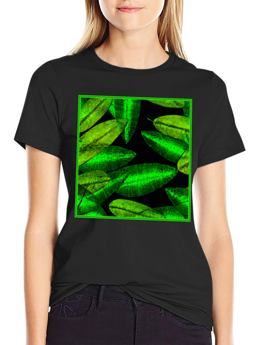 Green Leaves Pattern Black Tee