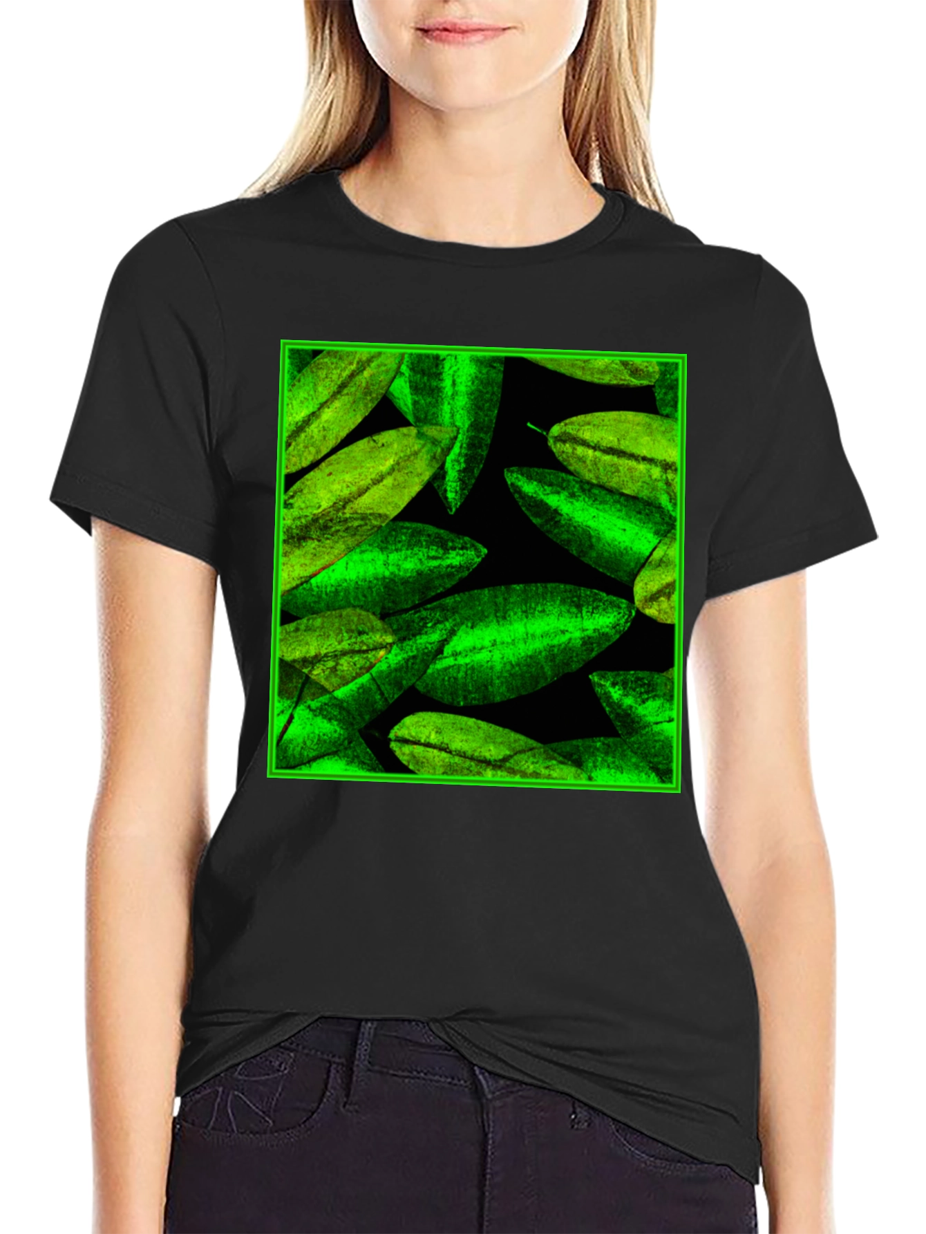Green Leaves Pattern Black Tee