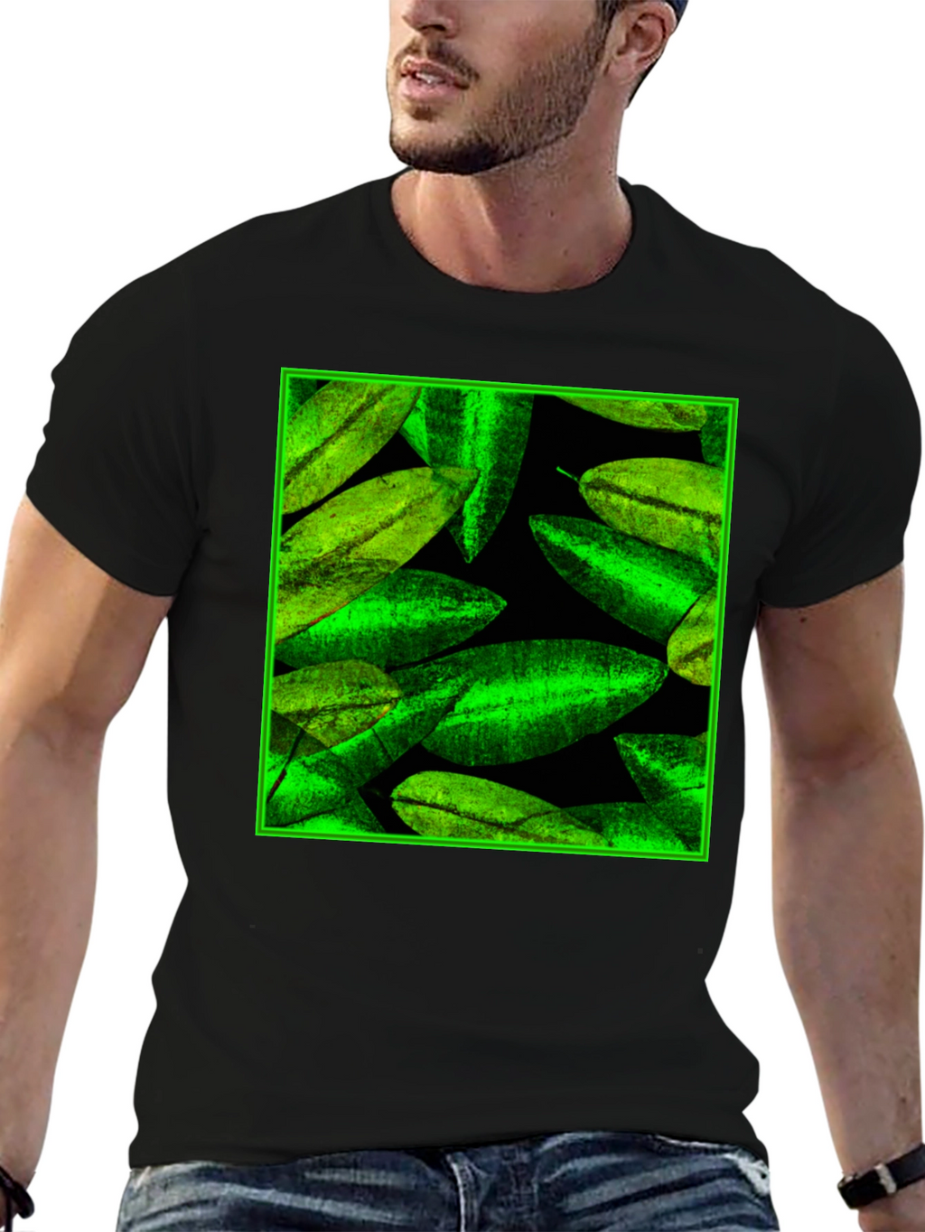 Green Leaves Pattern Black Tee