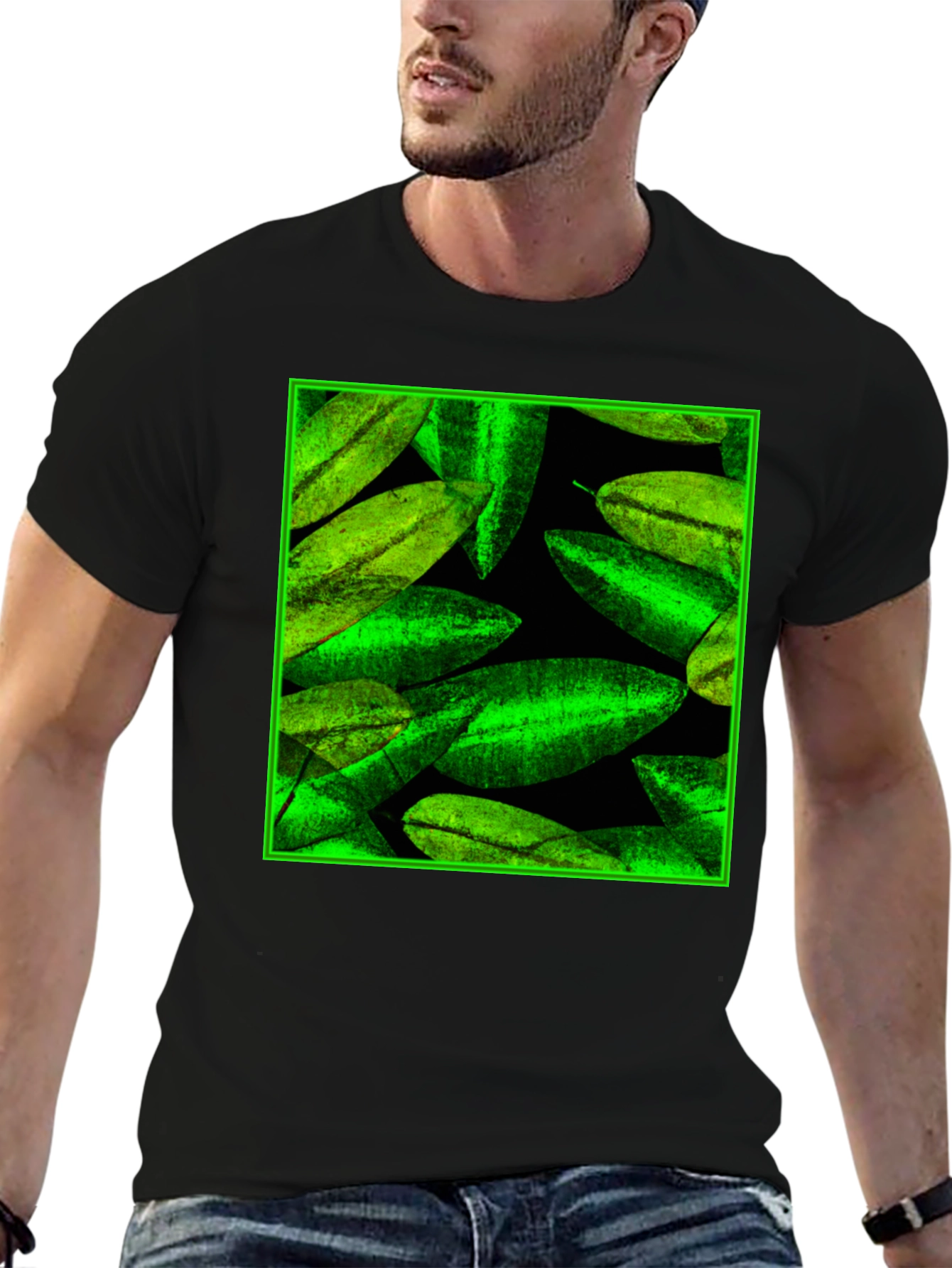 Green Leaves Pattern Black Tee