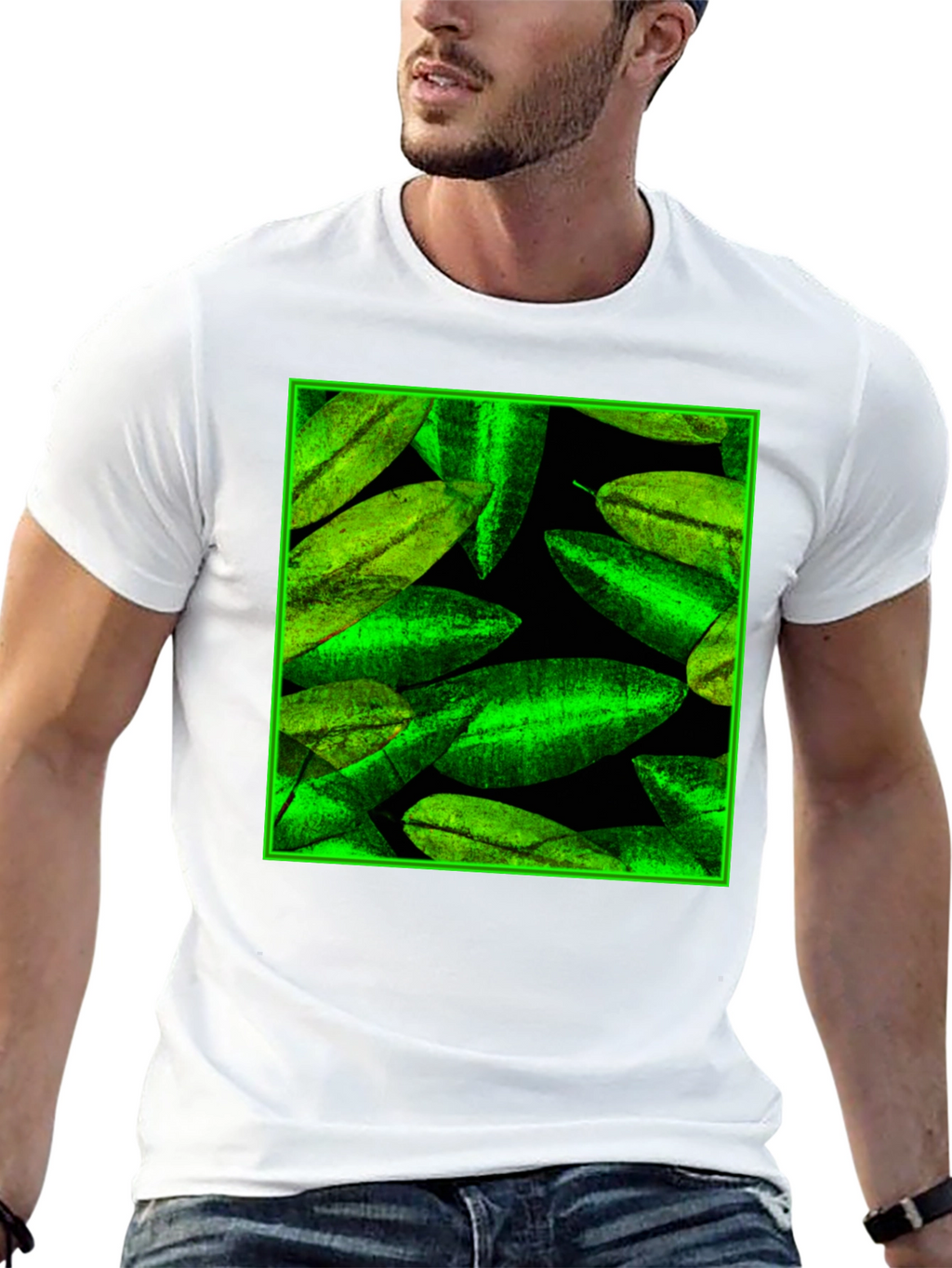 Green Leaves Pattern Black Tee