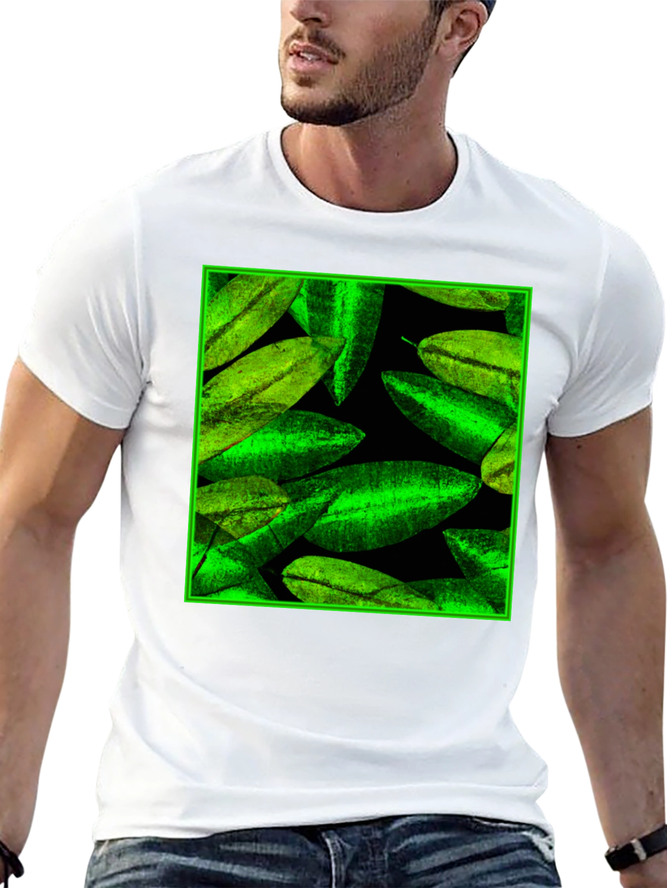 Green Leaves Pattern Black Tee
