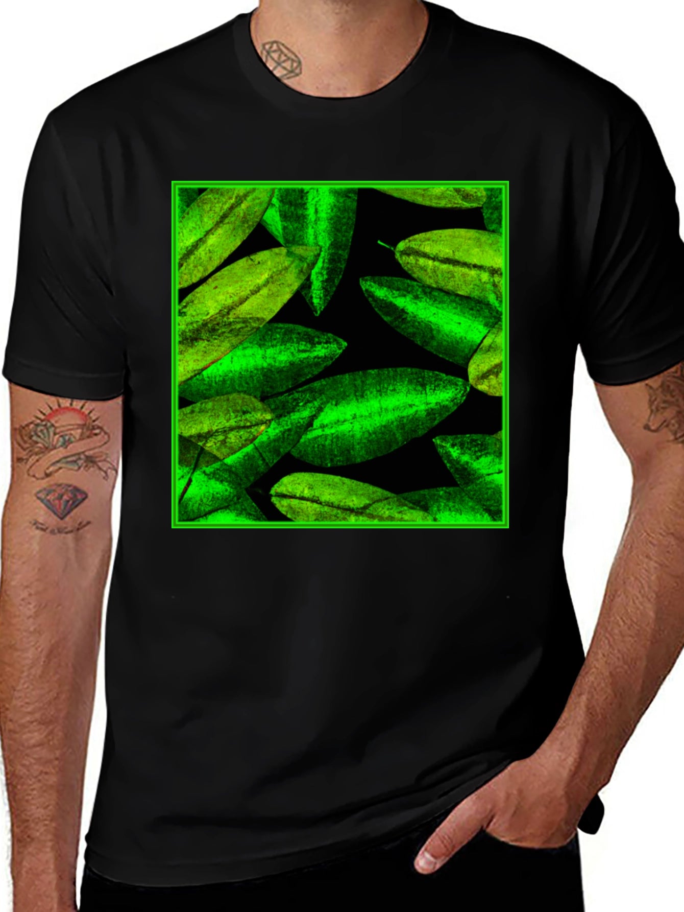 Green Leaves Pattern Black Tee