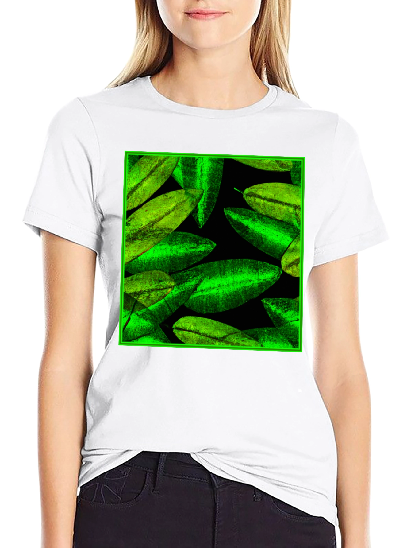 Green Leaves Pattern Black Tee