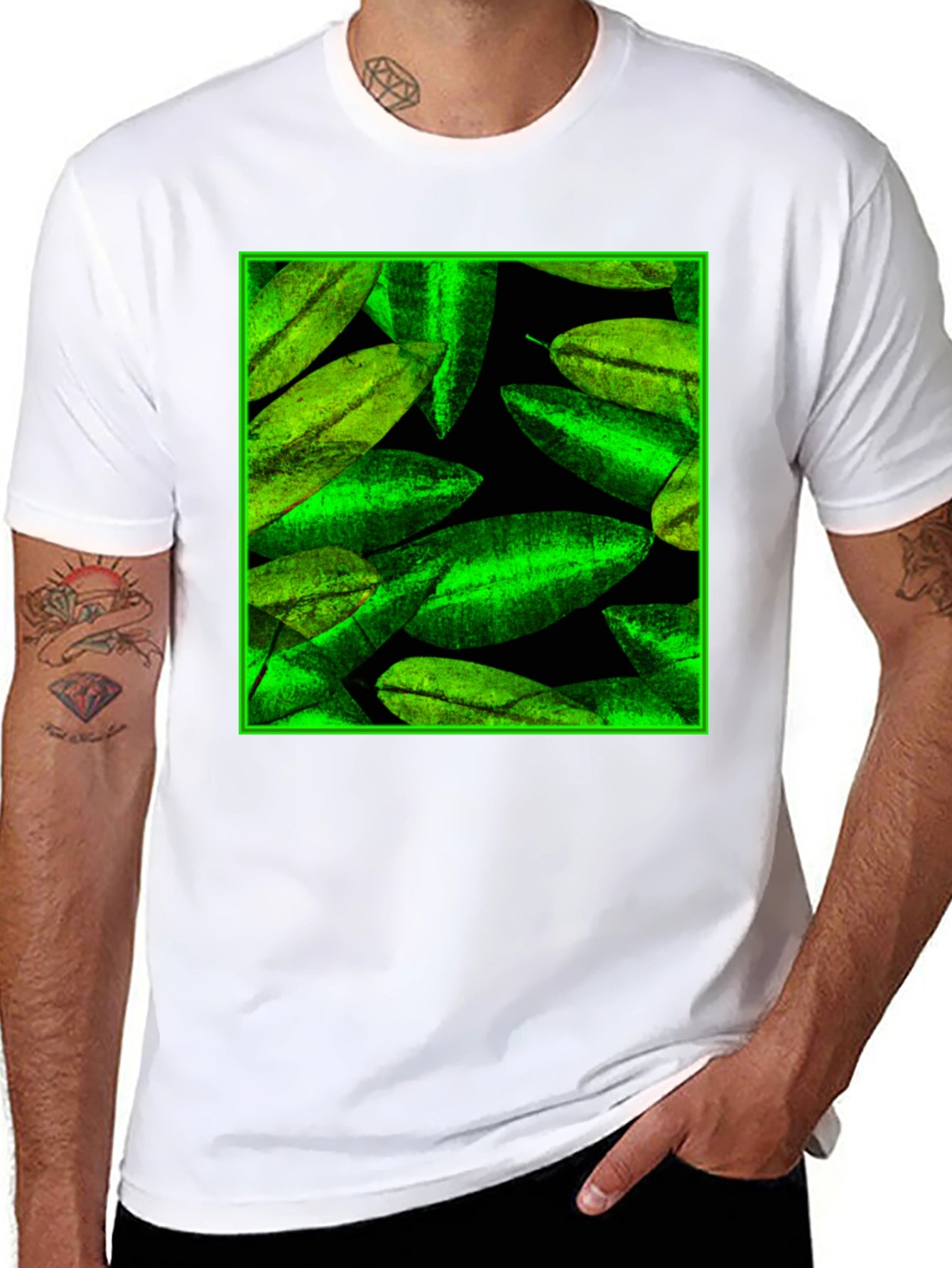 Green Leaves Pattern Black Tee