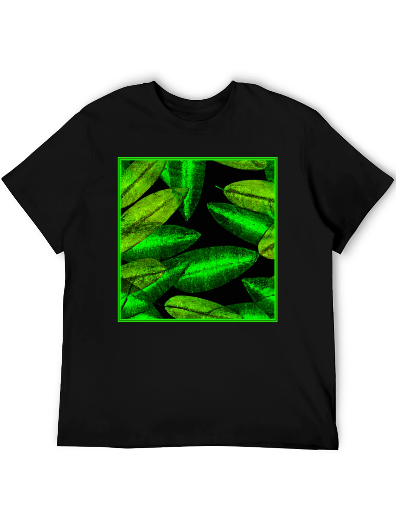 Green Leaves Pattern Black Tee