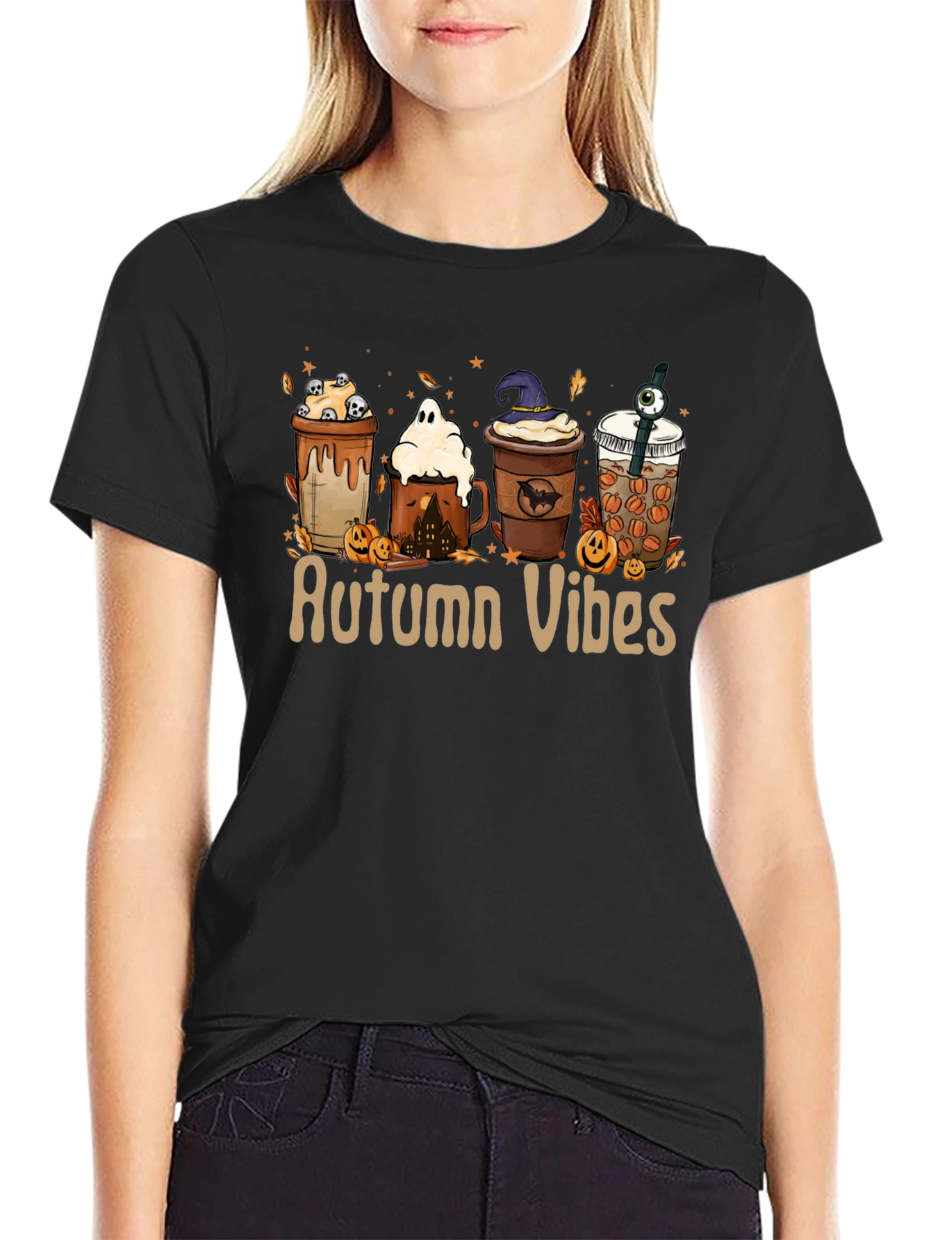 Autumn Vibes Black T-Shirt - Festive Fall Design