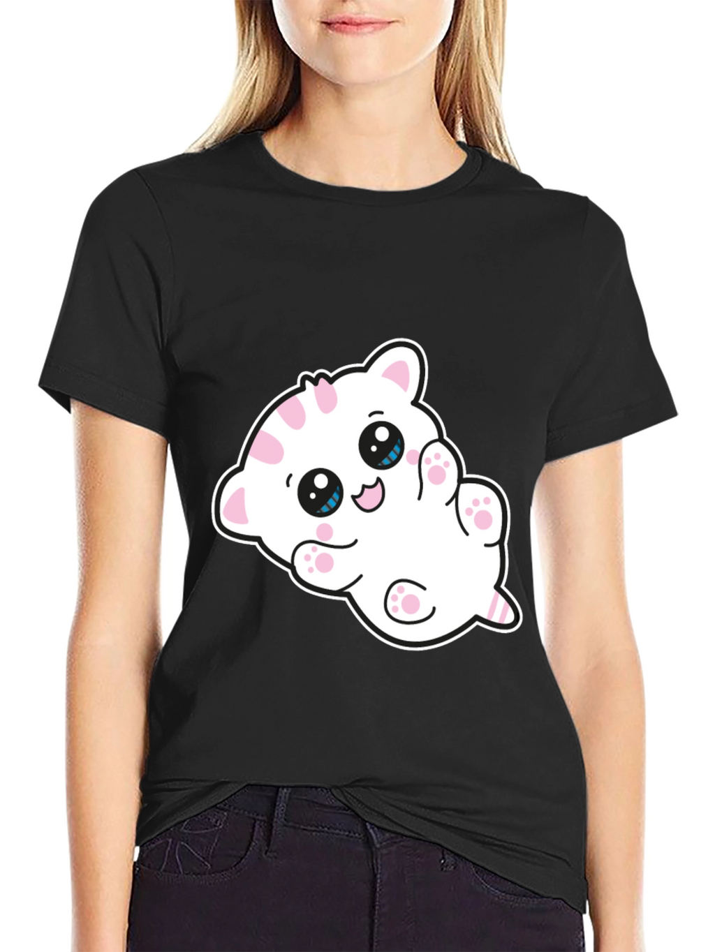 Cute Cartoon Kitten Graphic Black T-Shirt
