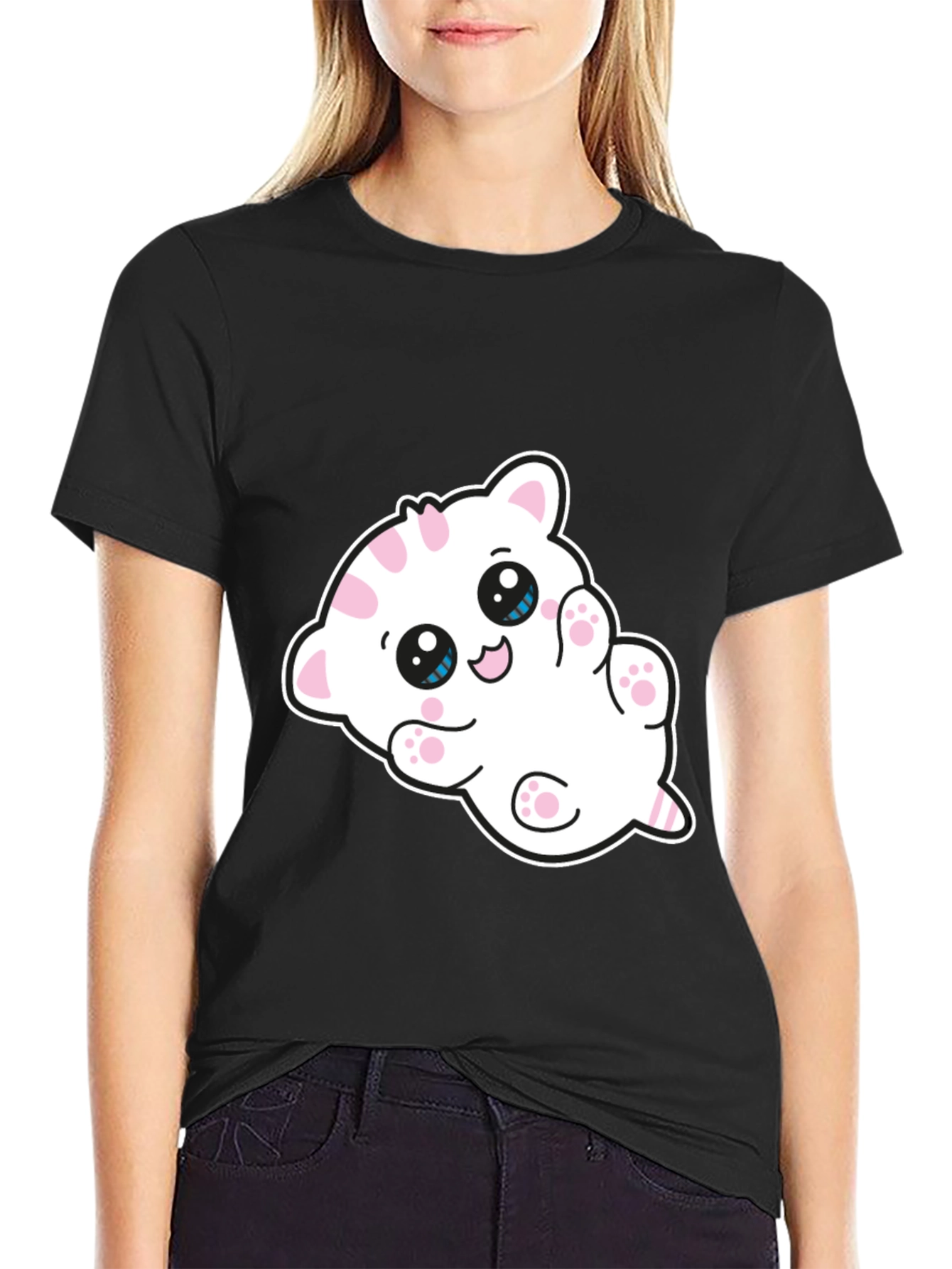 Cute Cartoon Kitten Graphic Black T-Shirt