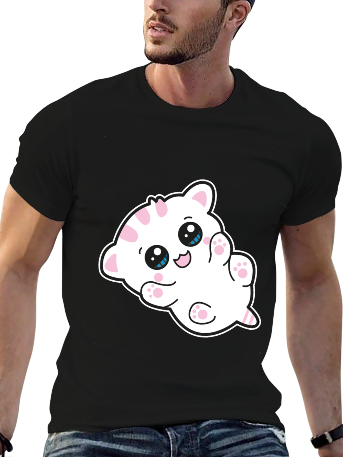 Cute Cartoon Kitten Graphic Black T-Shirt