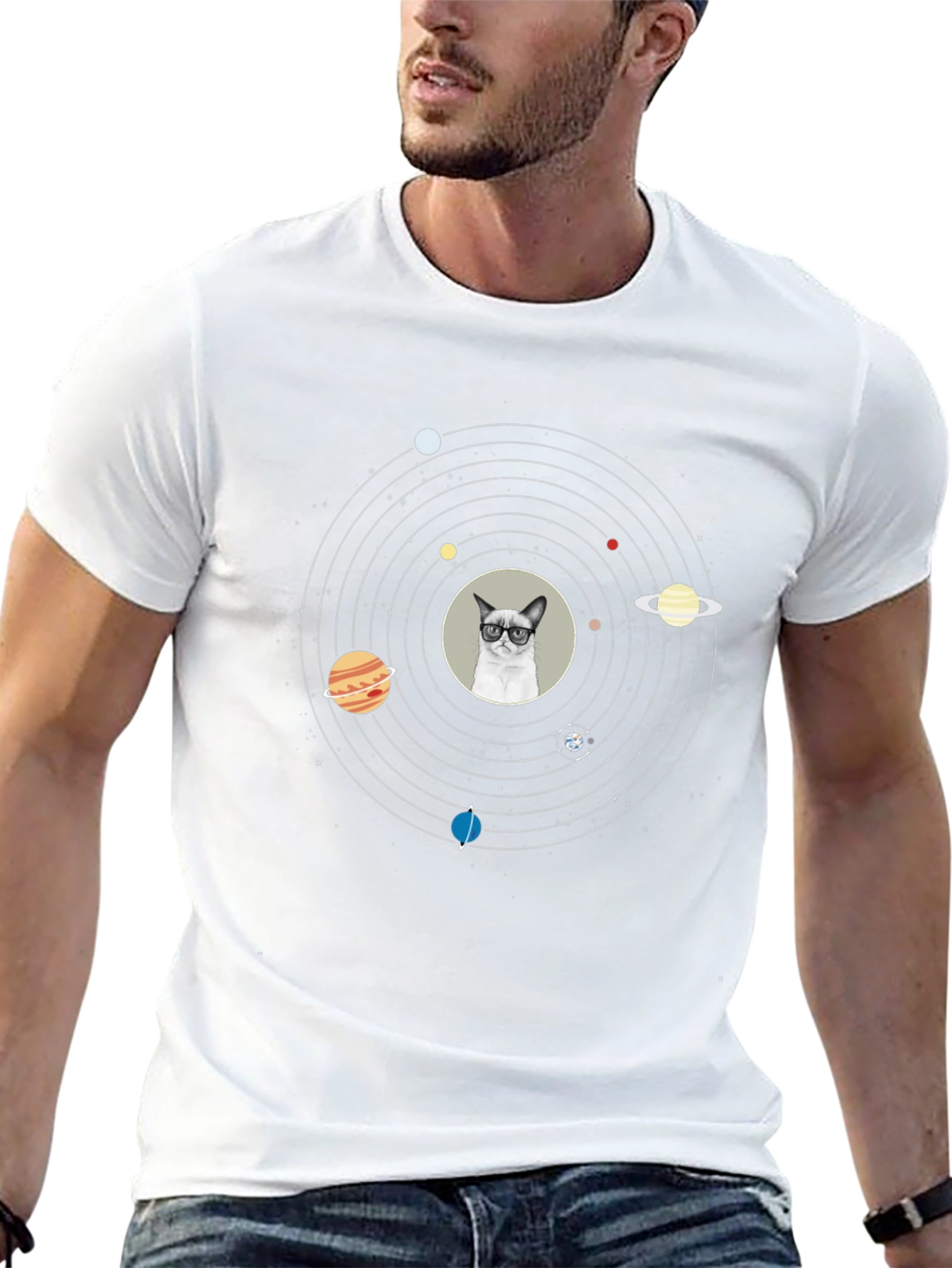 Cat Solar System T-Shirt - Quirky Space Design