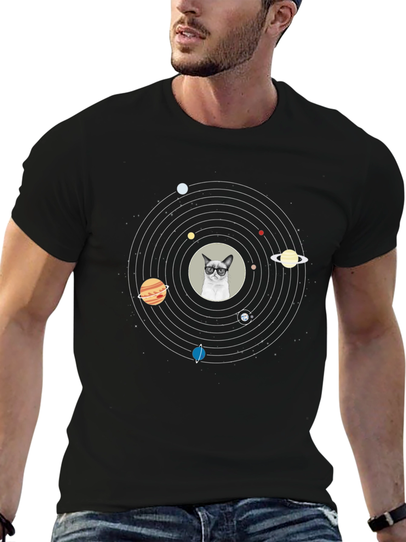 Cat Solar System T-Shirt - Quirky Space Design