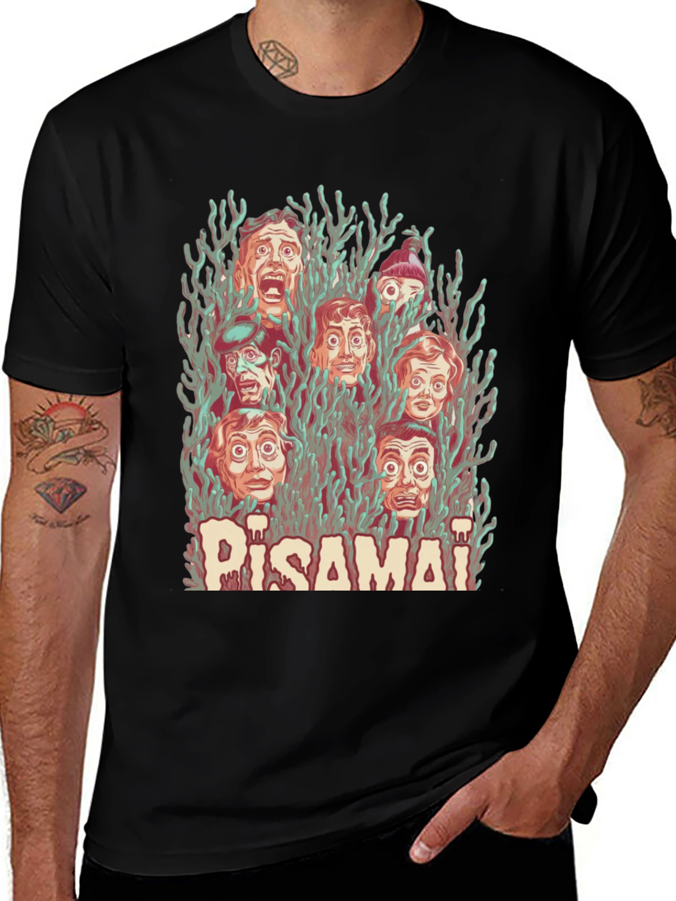 Pisamai Horror Faces Graphic Tee - Spooky Retro Design