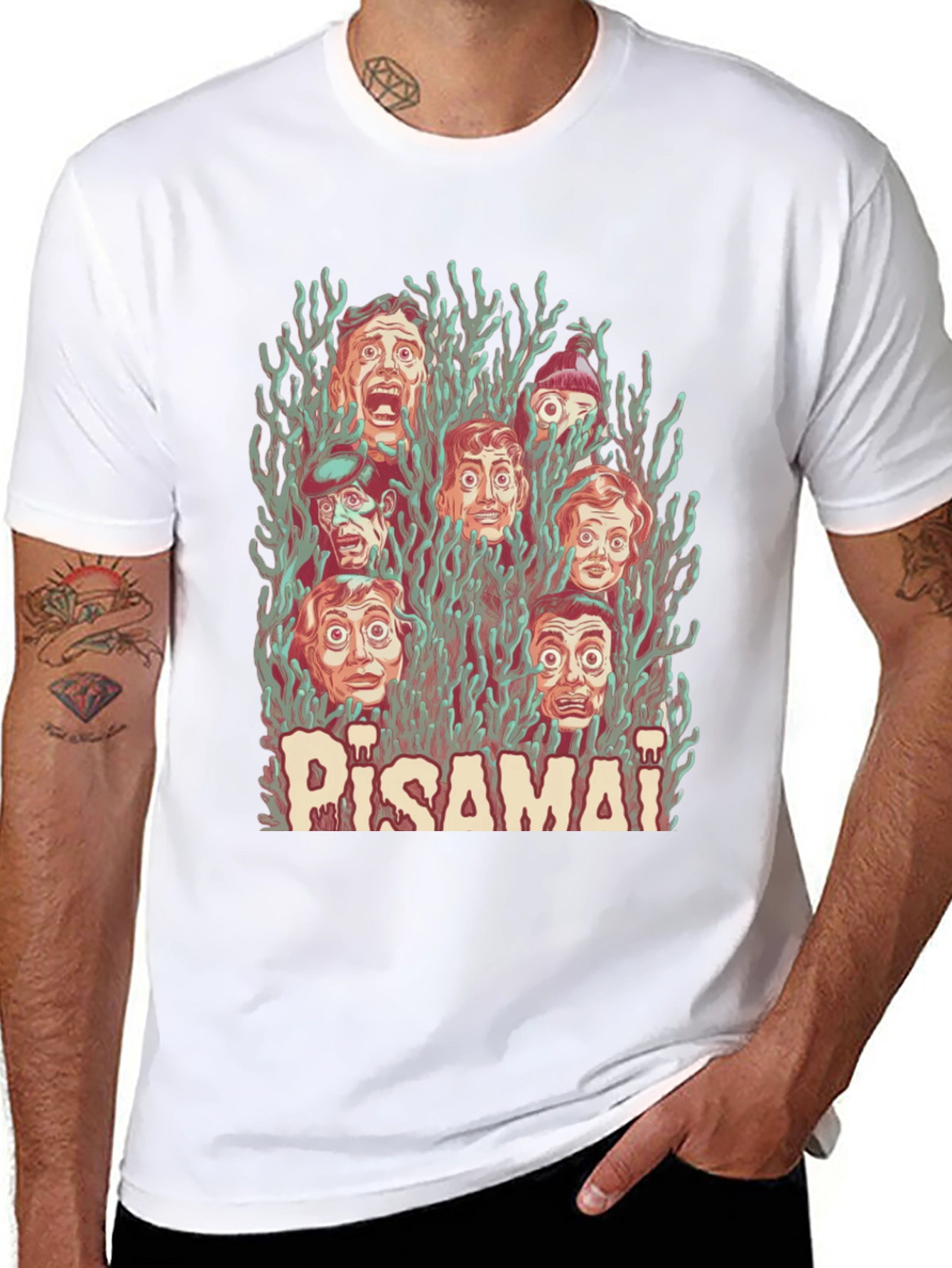 Pisamai Horror Faces Graphic Tee - Spooky Retro Design