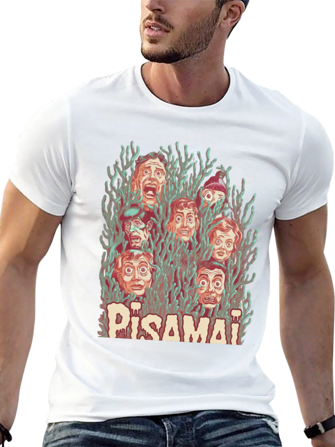 Pisamai Horror Faces Graphic Tee - Spooky Retro Design
