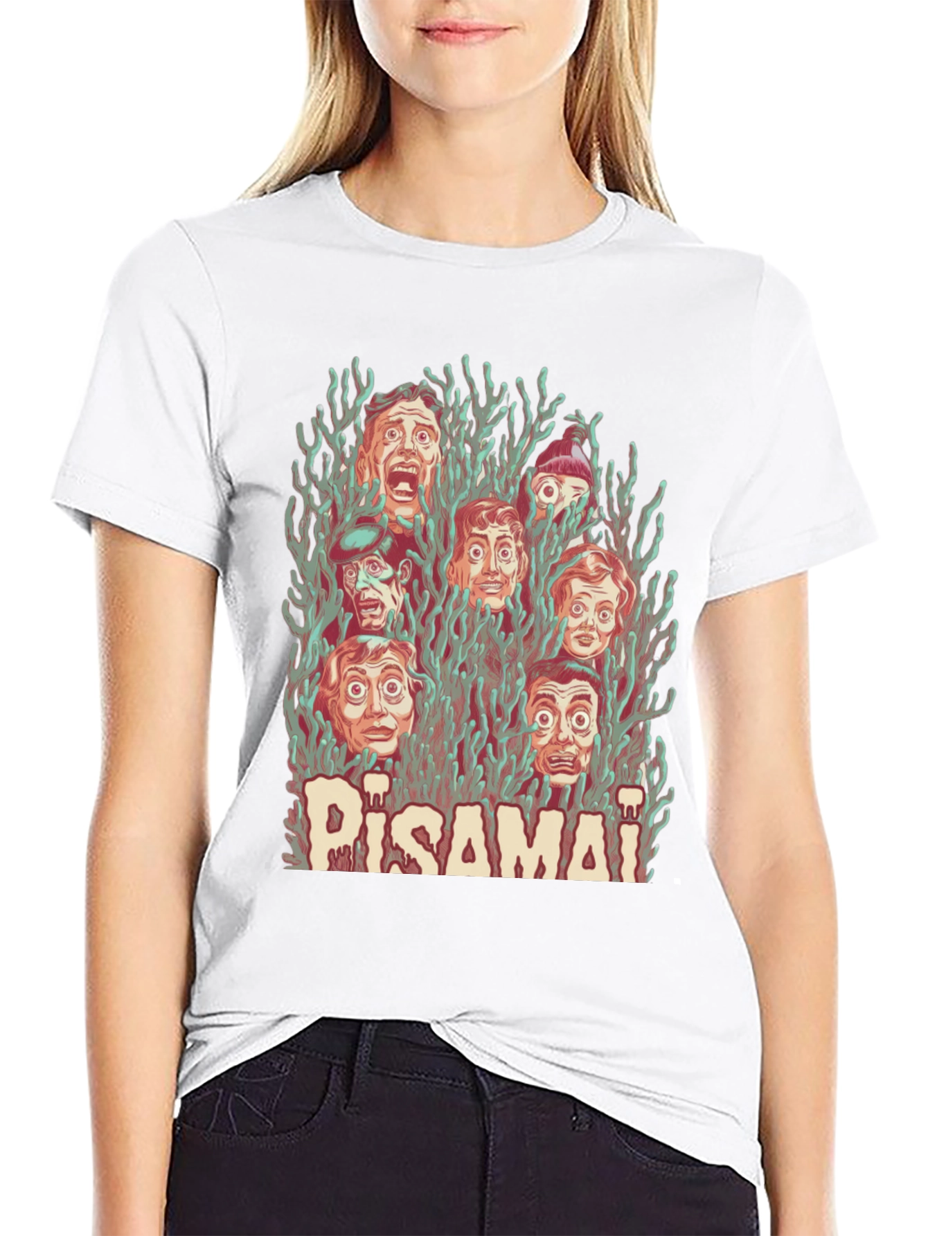 Pisamai Horror Faces Graphic Tee - Spooky Retro Design
