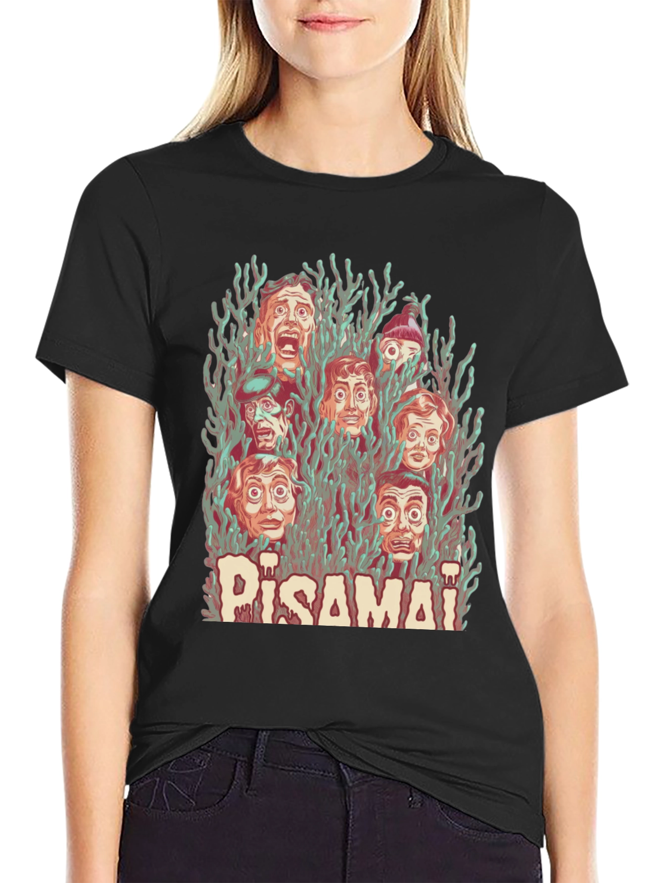 Pisamai Horror Faces Graphic Tee - Spooky Retro Design