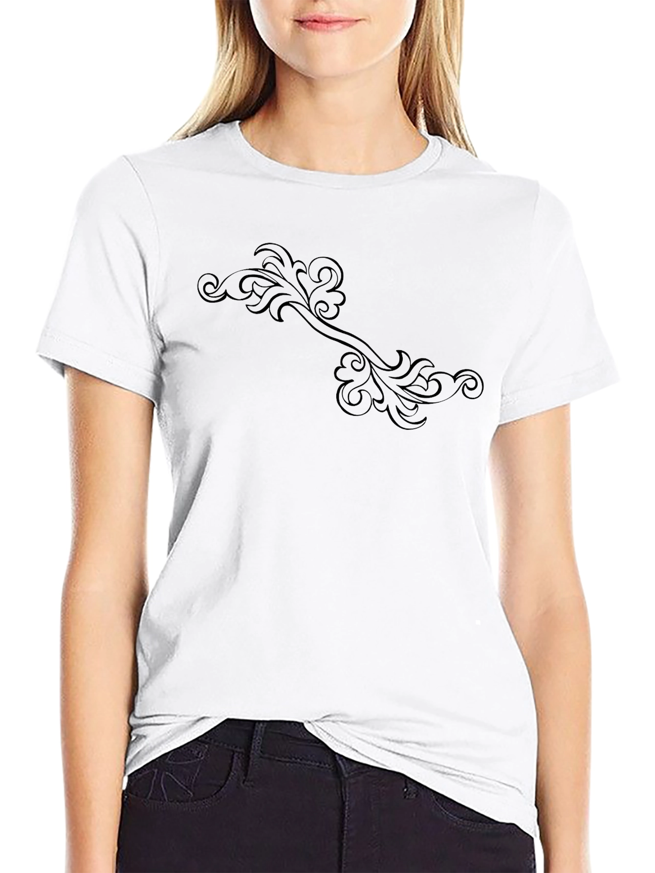 Elegant Floral Scroll Black T-Shirt