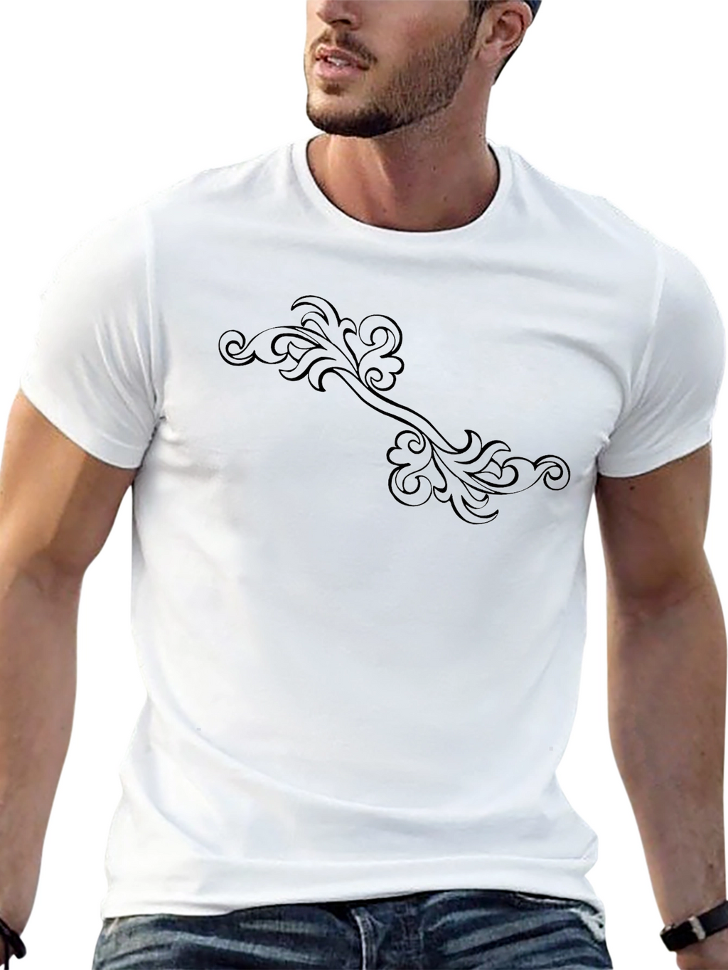 Elegant Floral Scroll Black T-Shirt