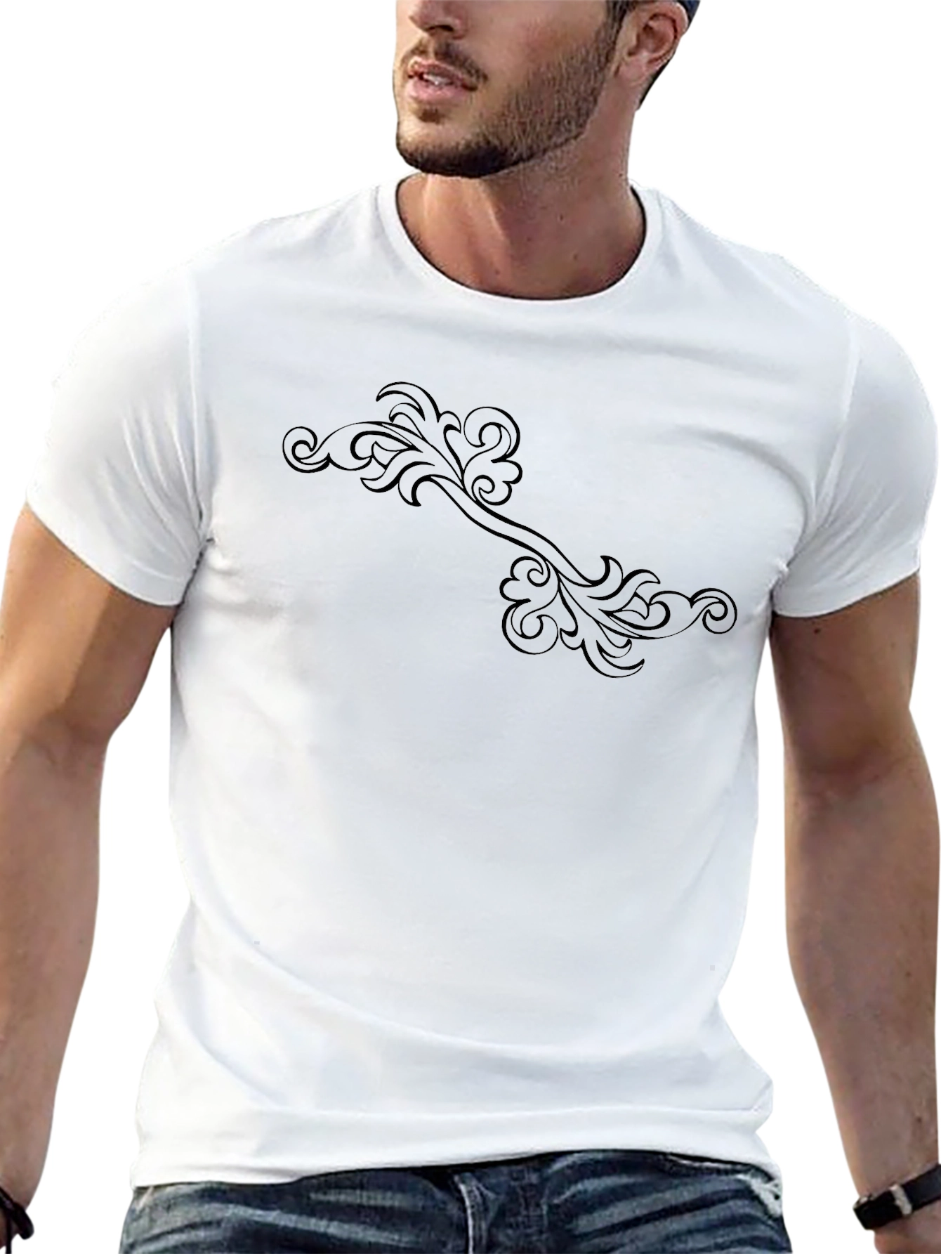 Elegant Floral Scroll Black T-Shirt