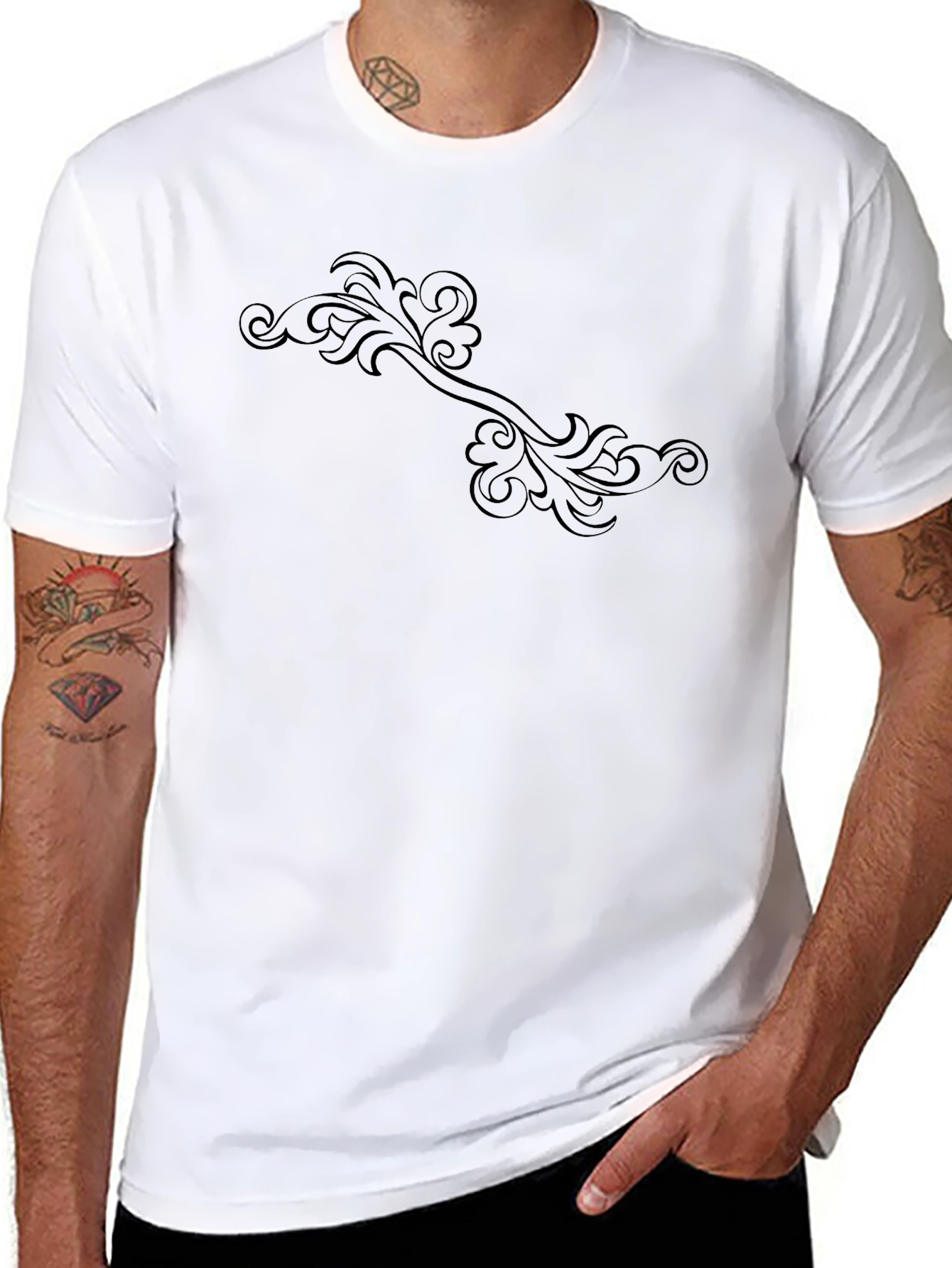 Elegant Floral Scroll Black T-Shirt