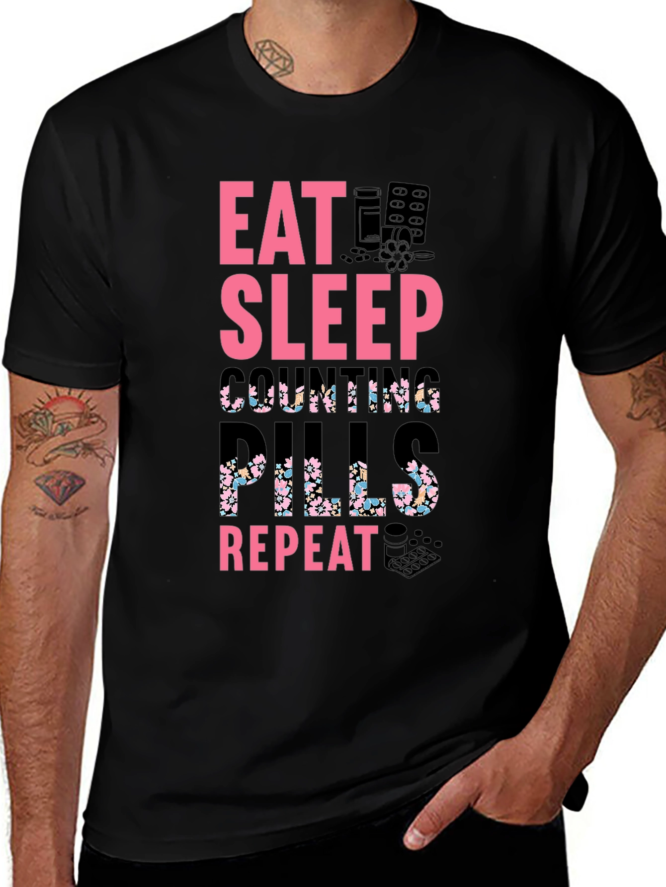 Eat Sleep Counting Pills Funny Graphic Tee