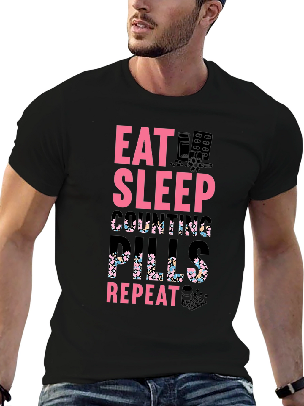 Eat Sleep Counting Pills Funny Graphic Tee