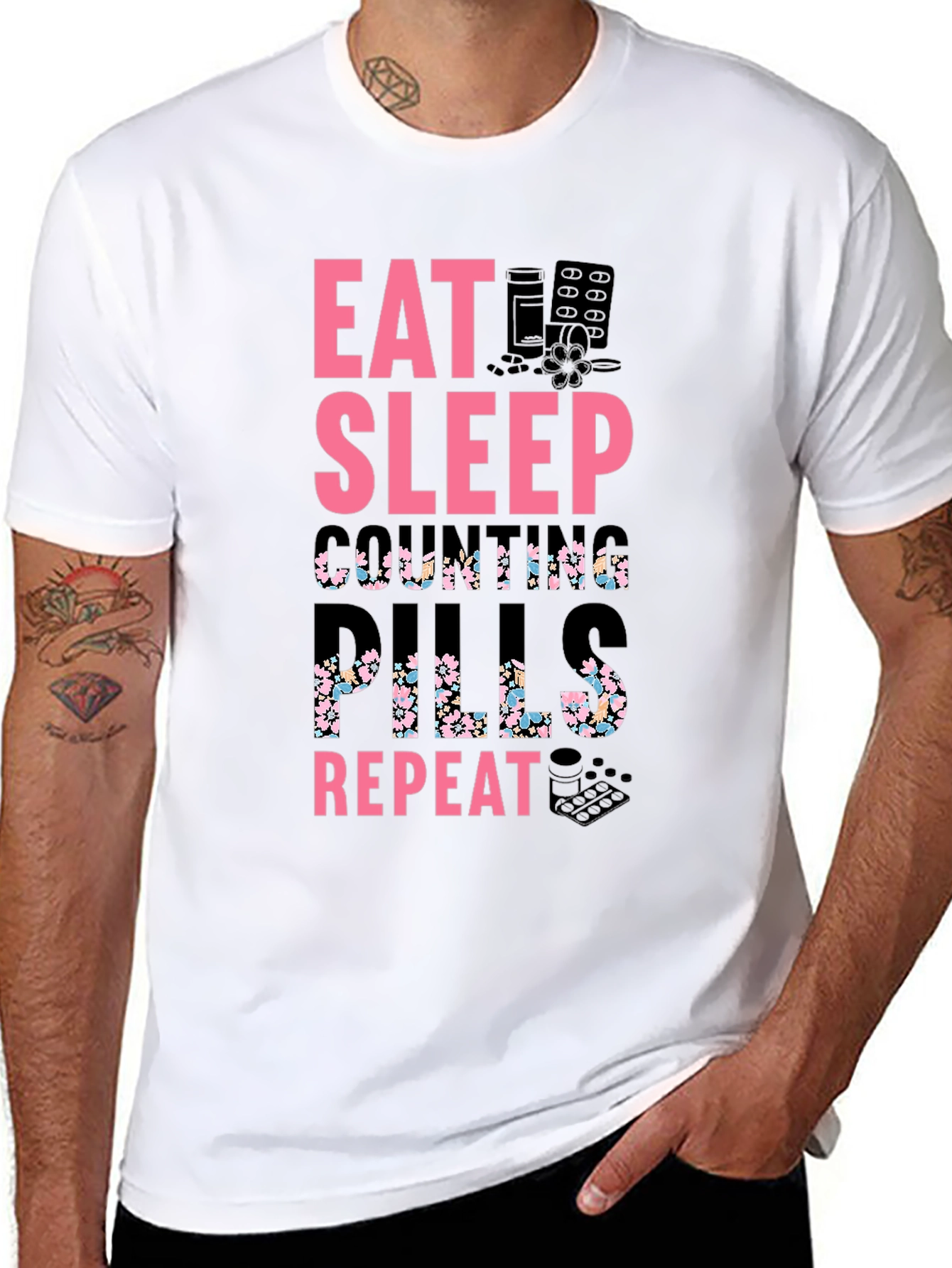 Eat Sleep Counting Pills Funny Graphic Tee