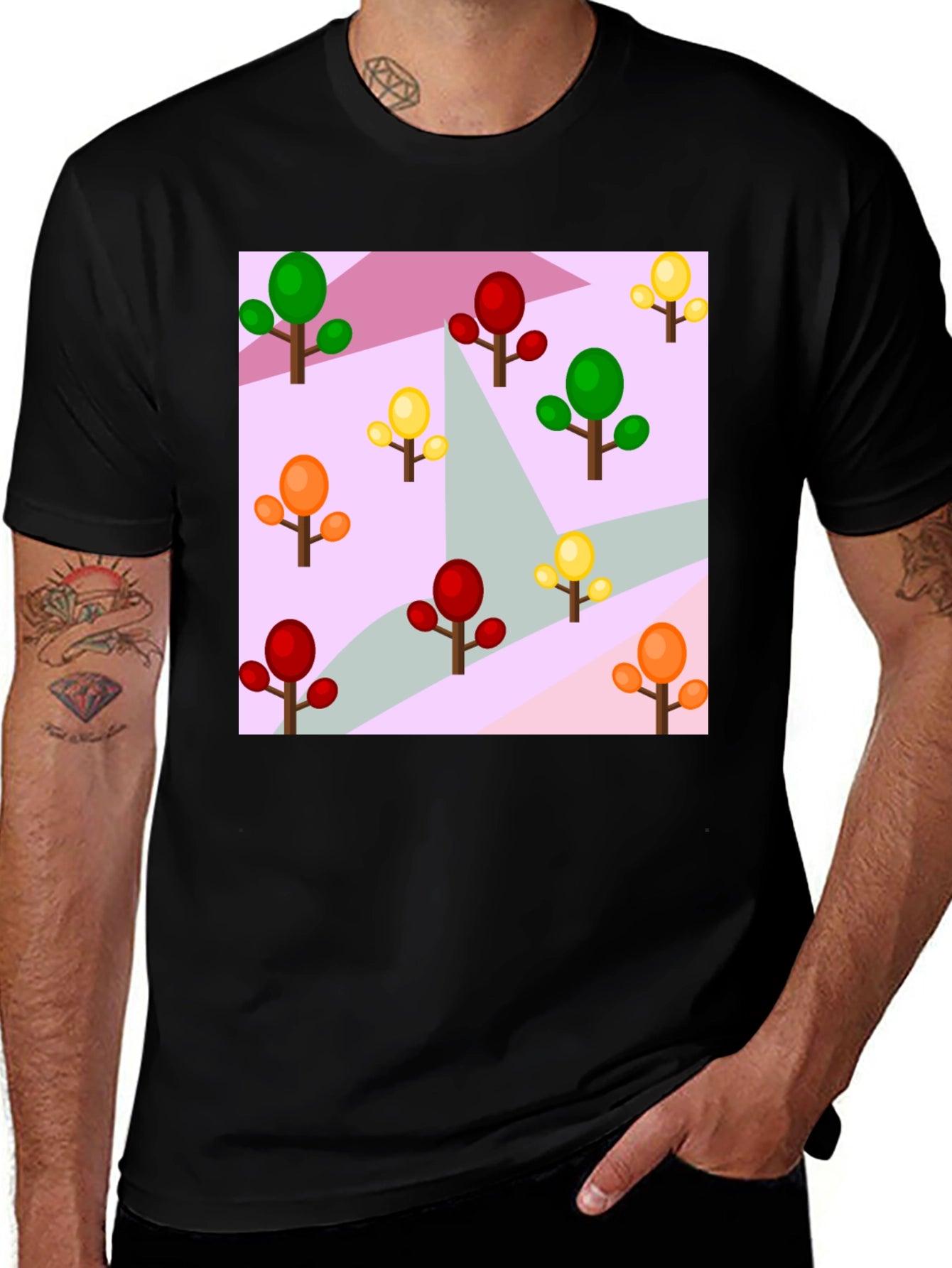 Colorful Trees Patterned Black T-Shirt