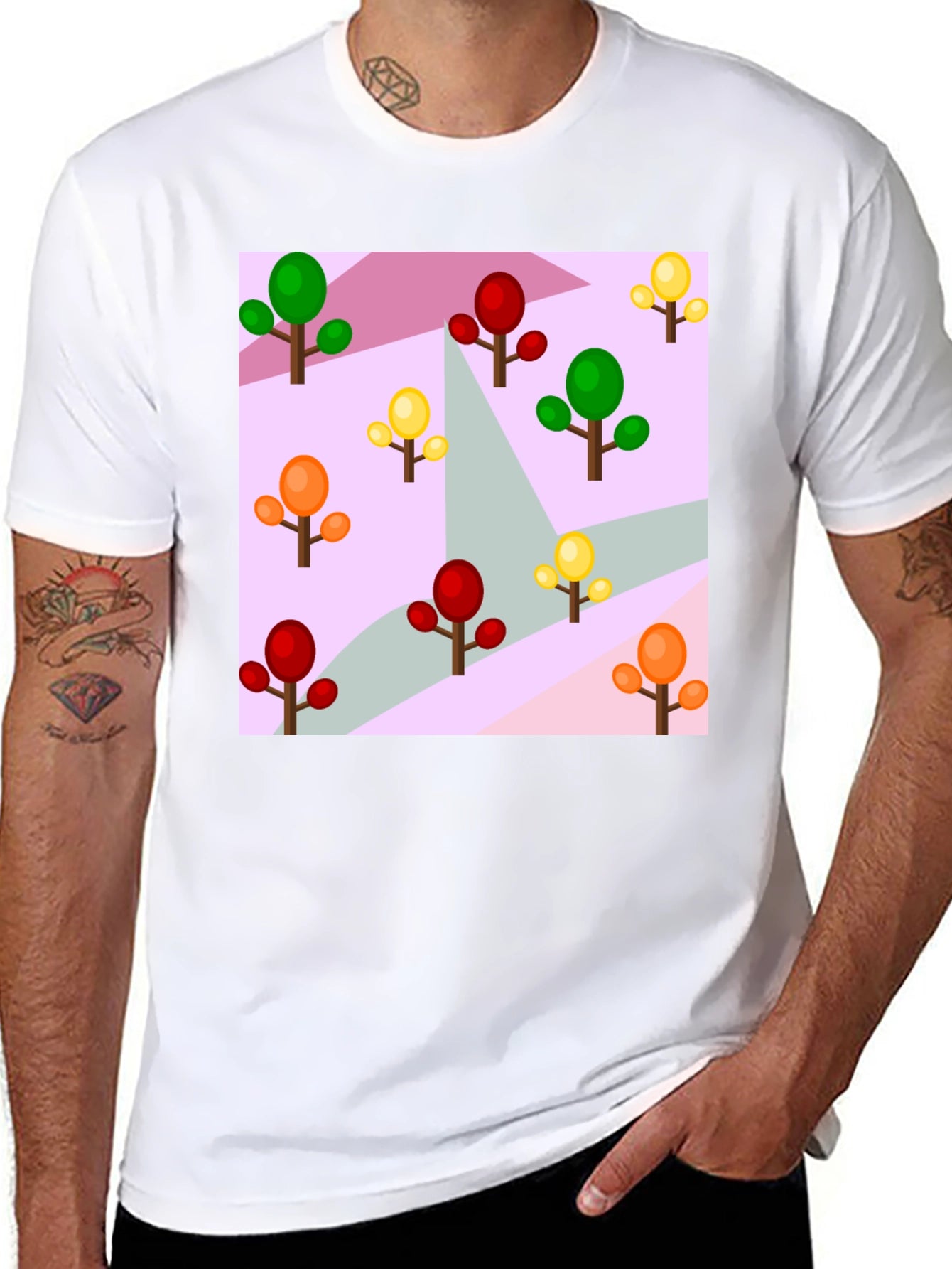 Colorful Trees Patterned Black T-Shirt