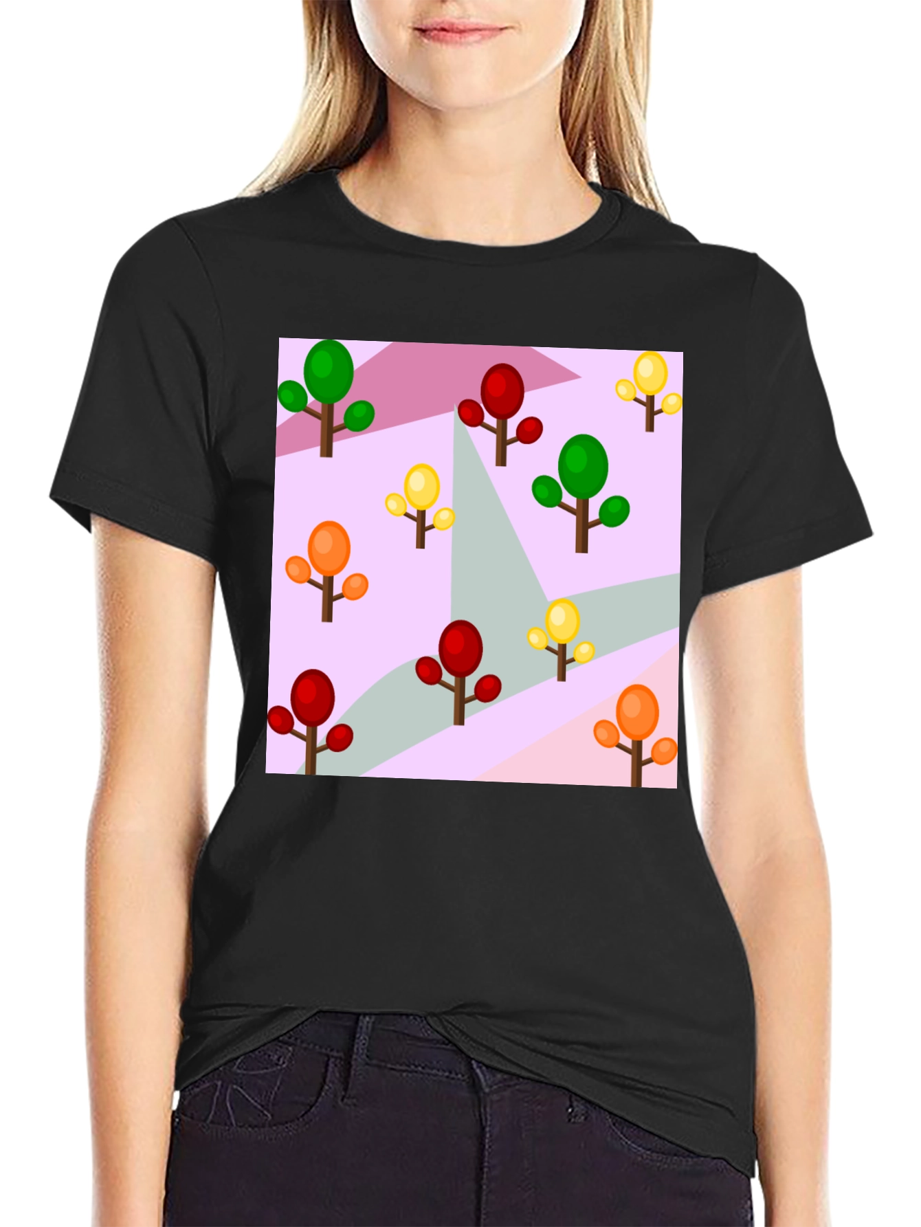 Colorful Trees Patterned Black T-Shirt