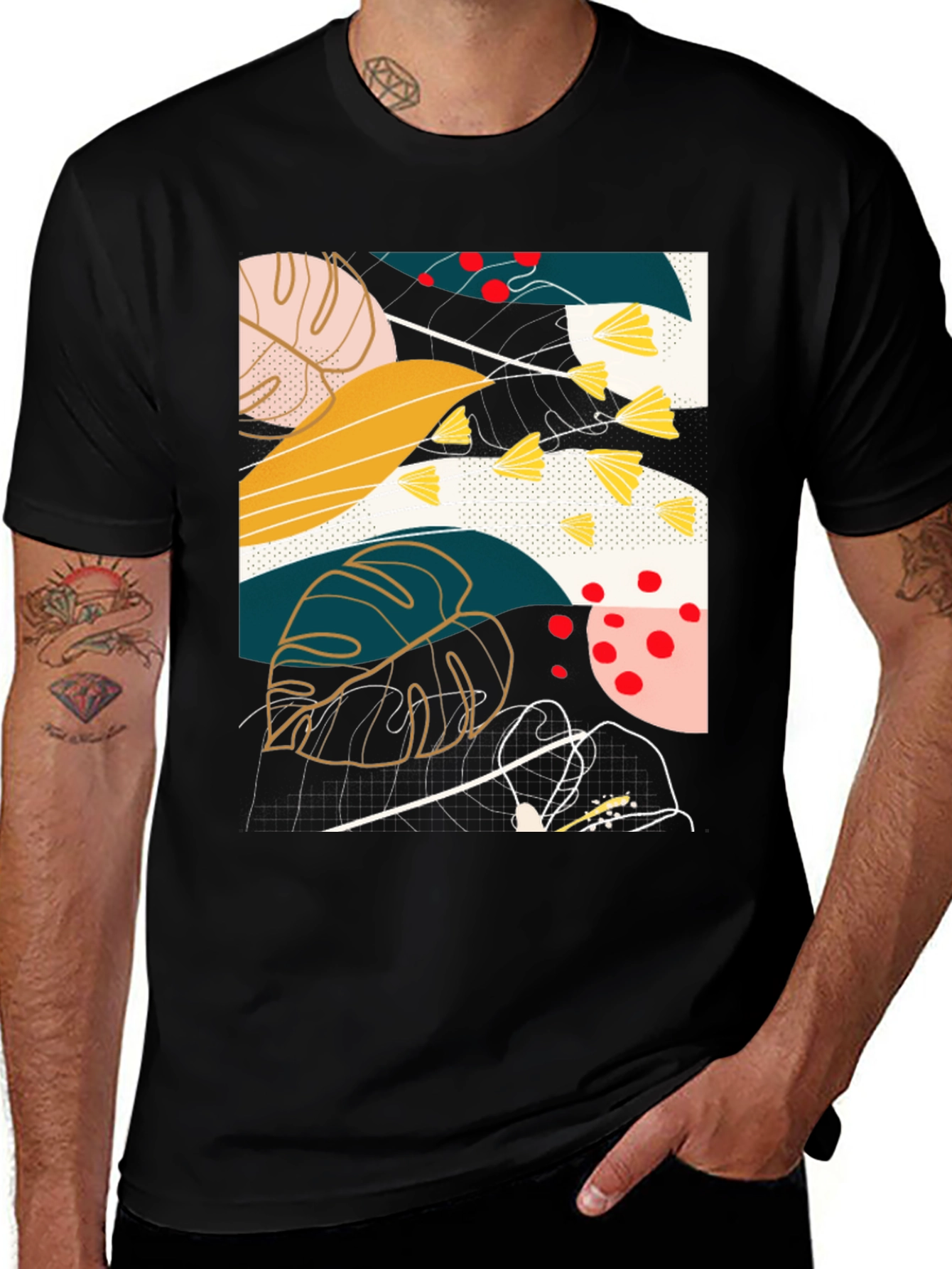 Abstract Botanical Print Black T-Shirt