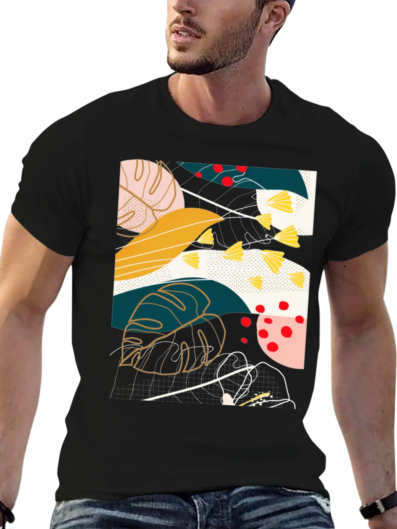 Abstract Botanical Print Black T-Shirt