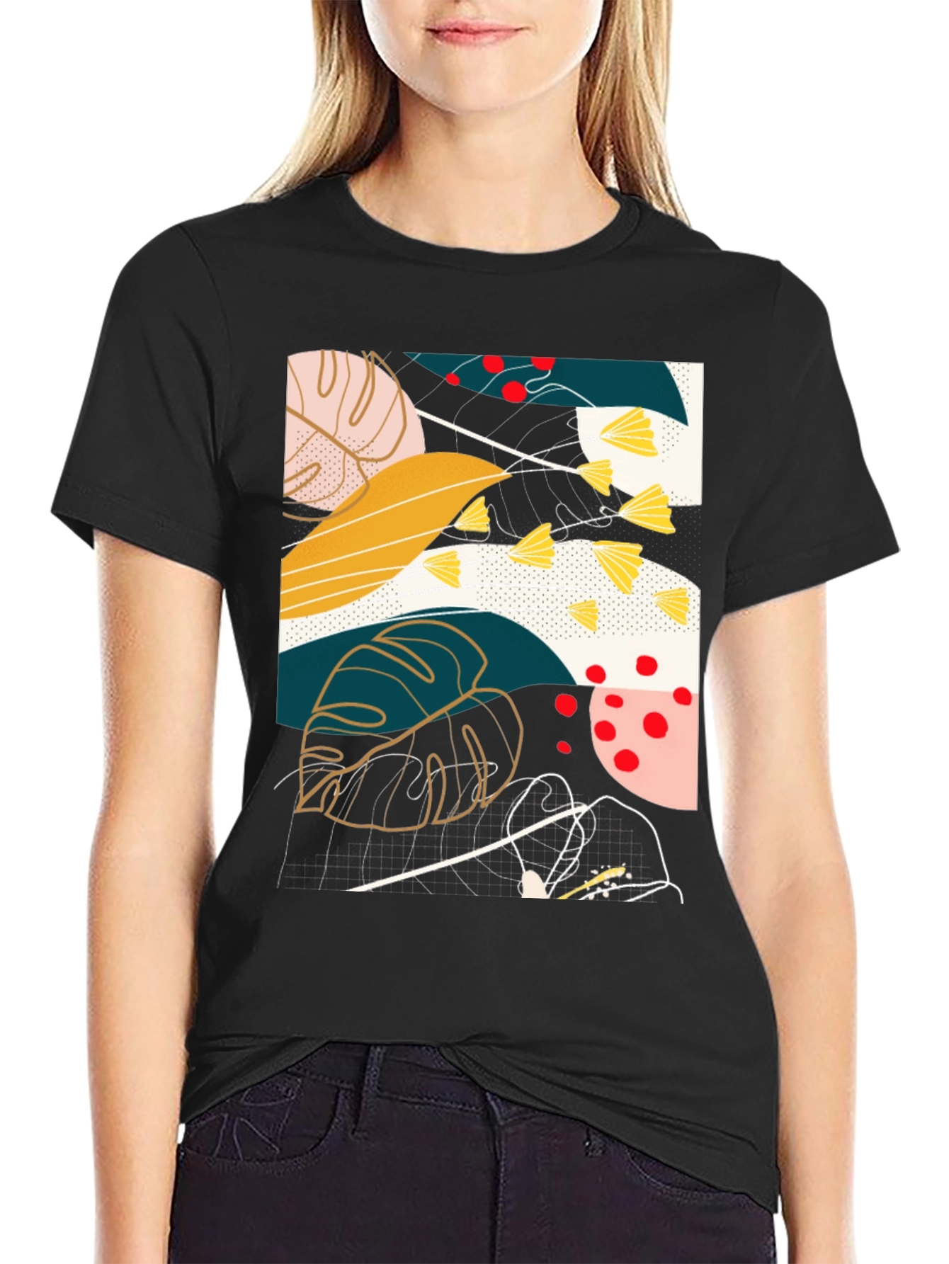 Abstract Botanical Print Black T-Shirt