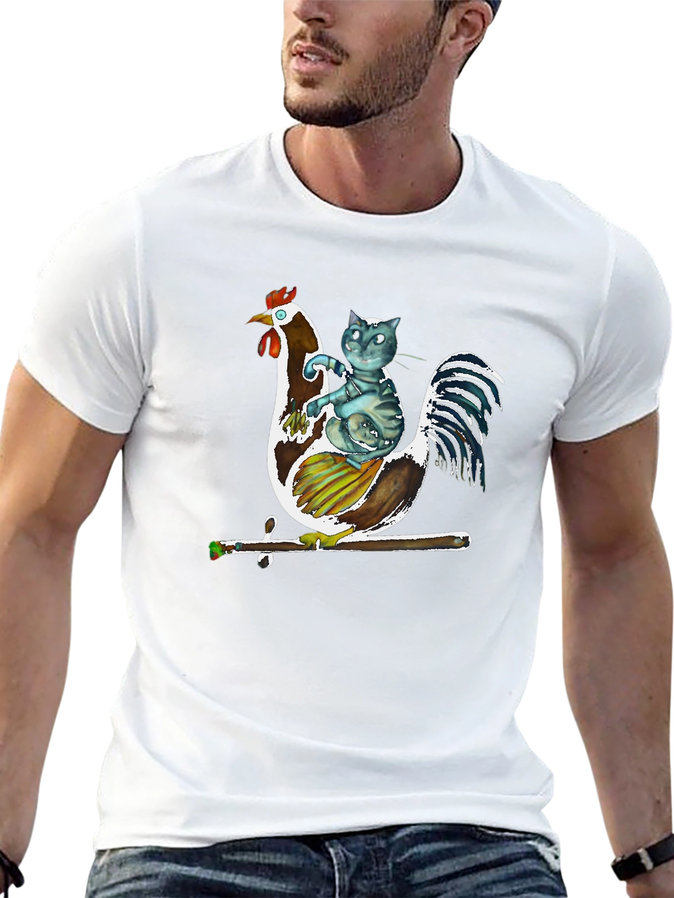 Cat Riding Rooster Graphic T-Shirt