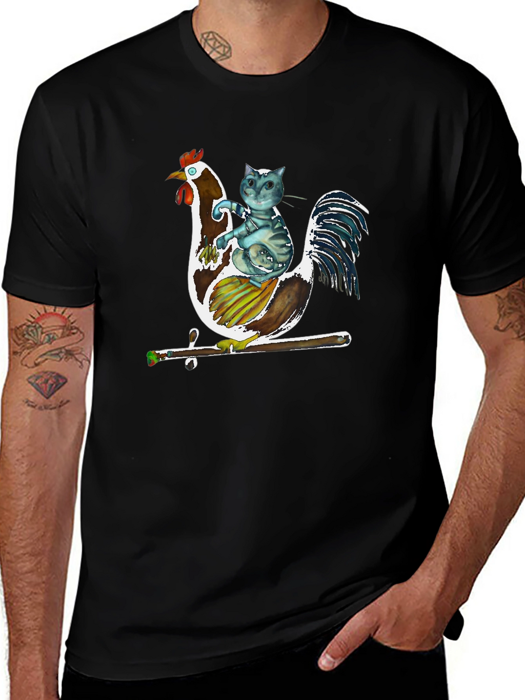 Cat Riding Rooster Graphic T-Shirt
