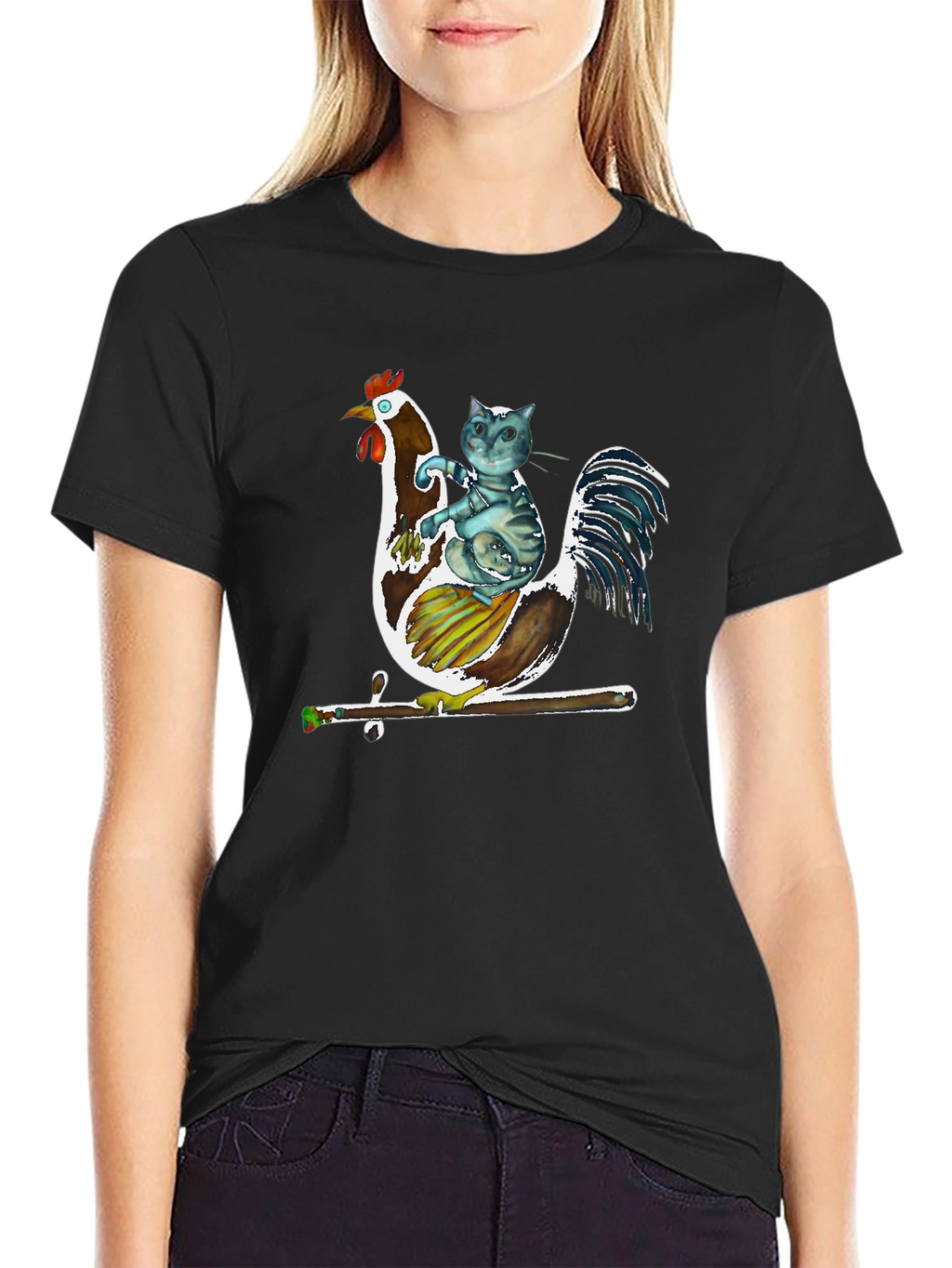Cat Riding Rooster Graphic T-Shirt
