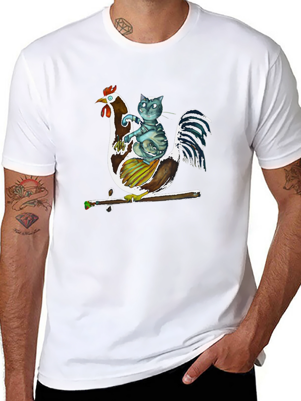 Cat Riding Rooster Graphic T-Shirt