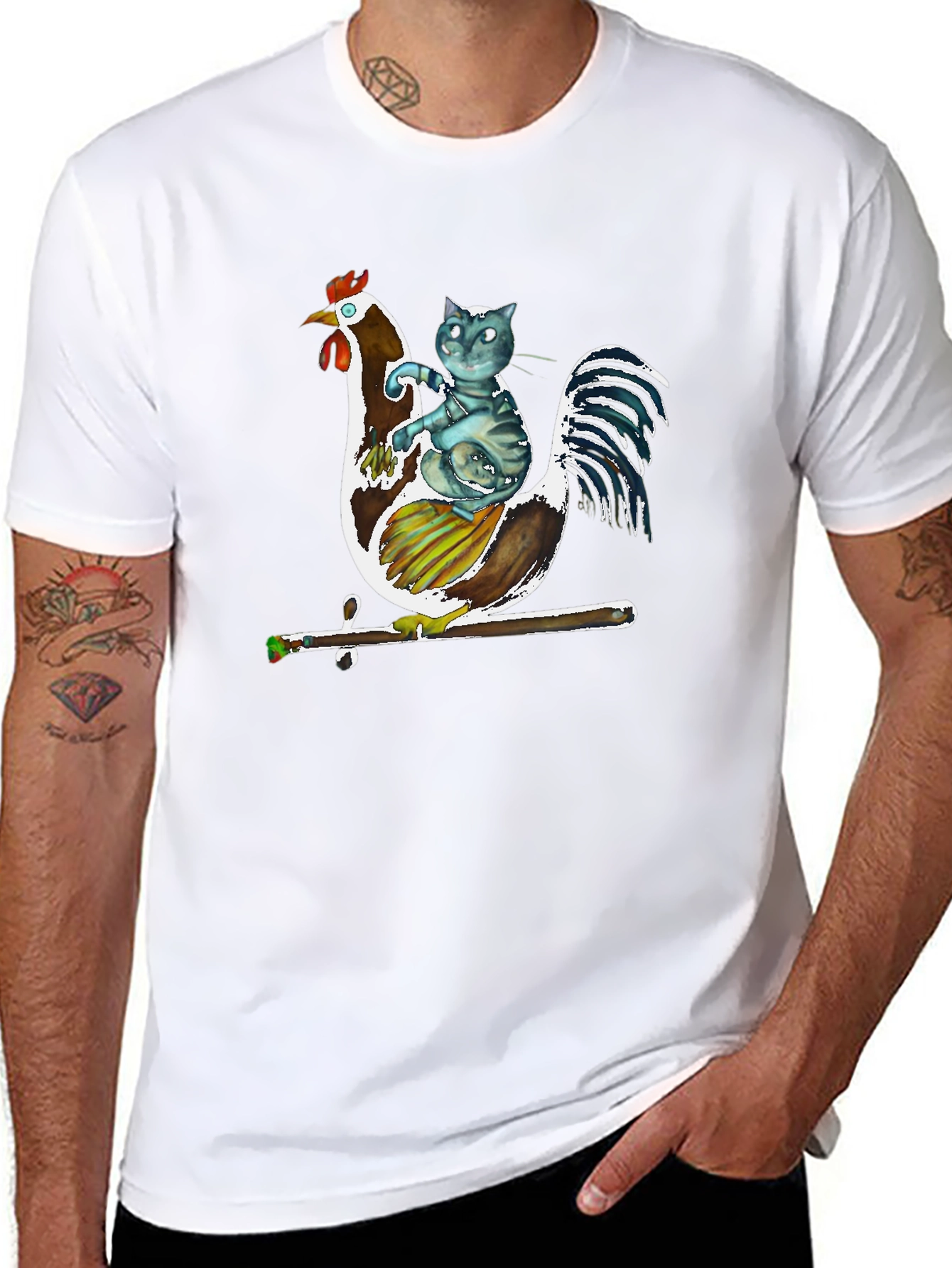 Cat Riding Rooster Graphic T-Shirt