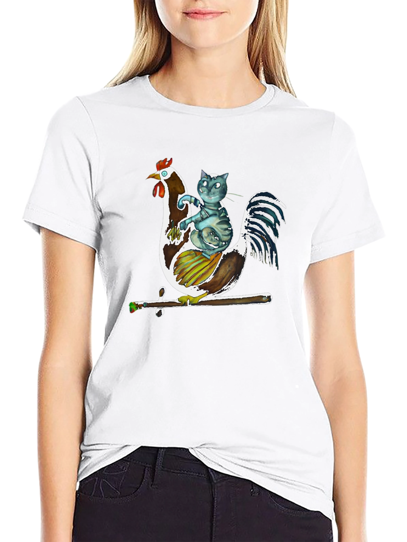 Cat Riding Rooster Graphic T-Shirt