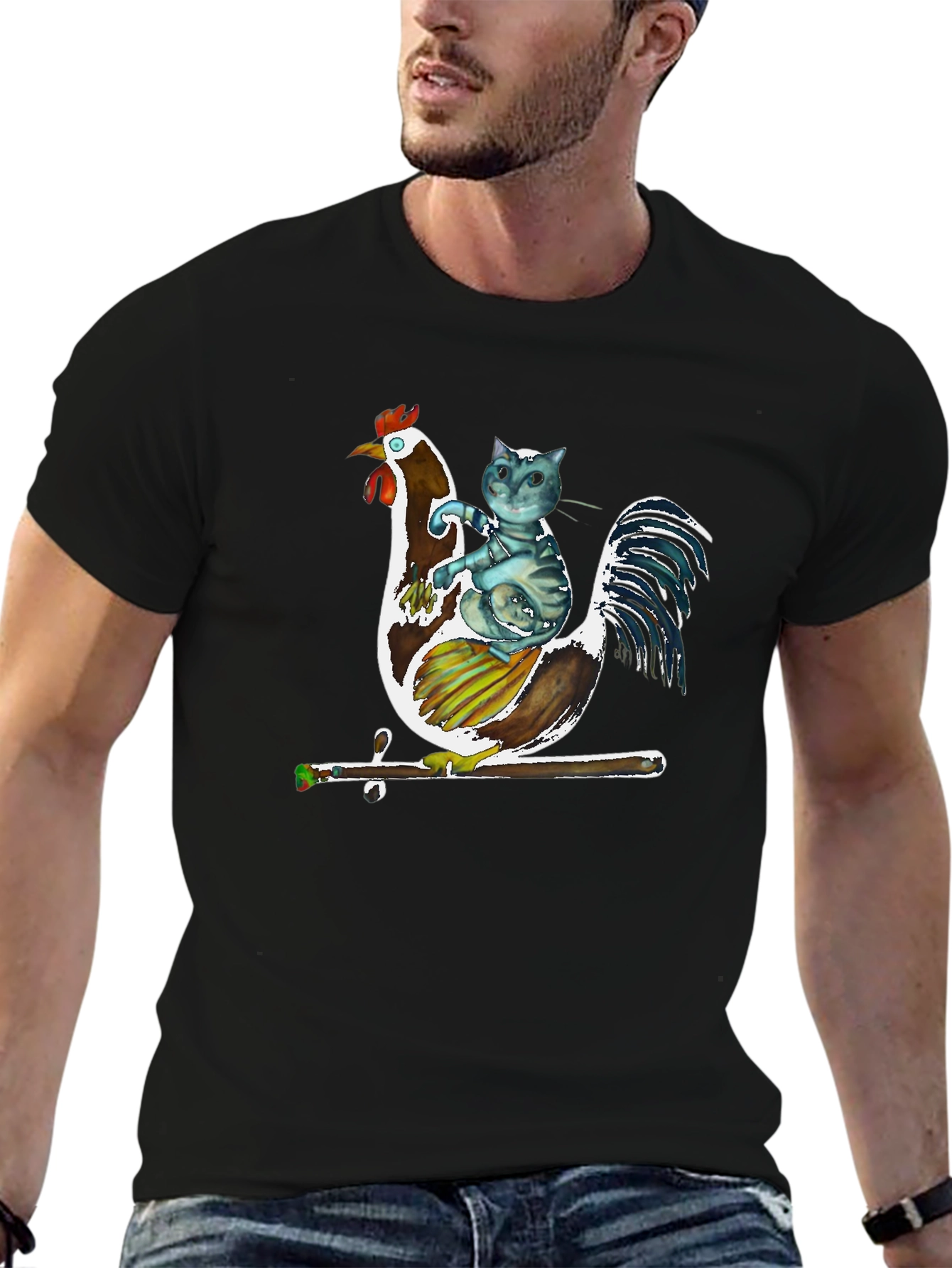 Cat Riding Rooster Graphic T-Shirt