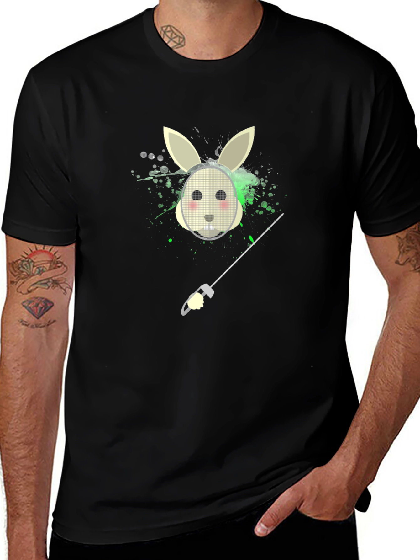 Bunny Fencer Graphic Tee - Black Cotton T-Shirt