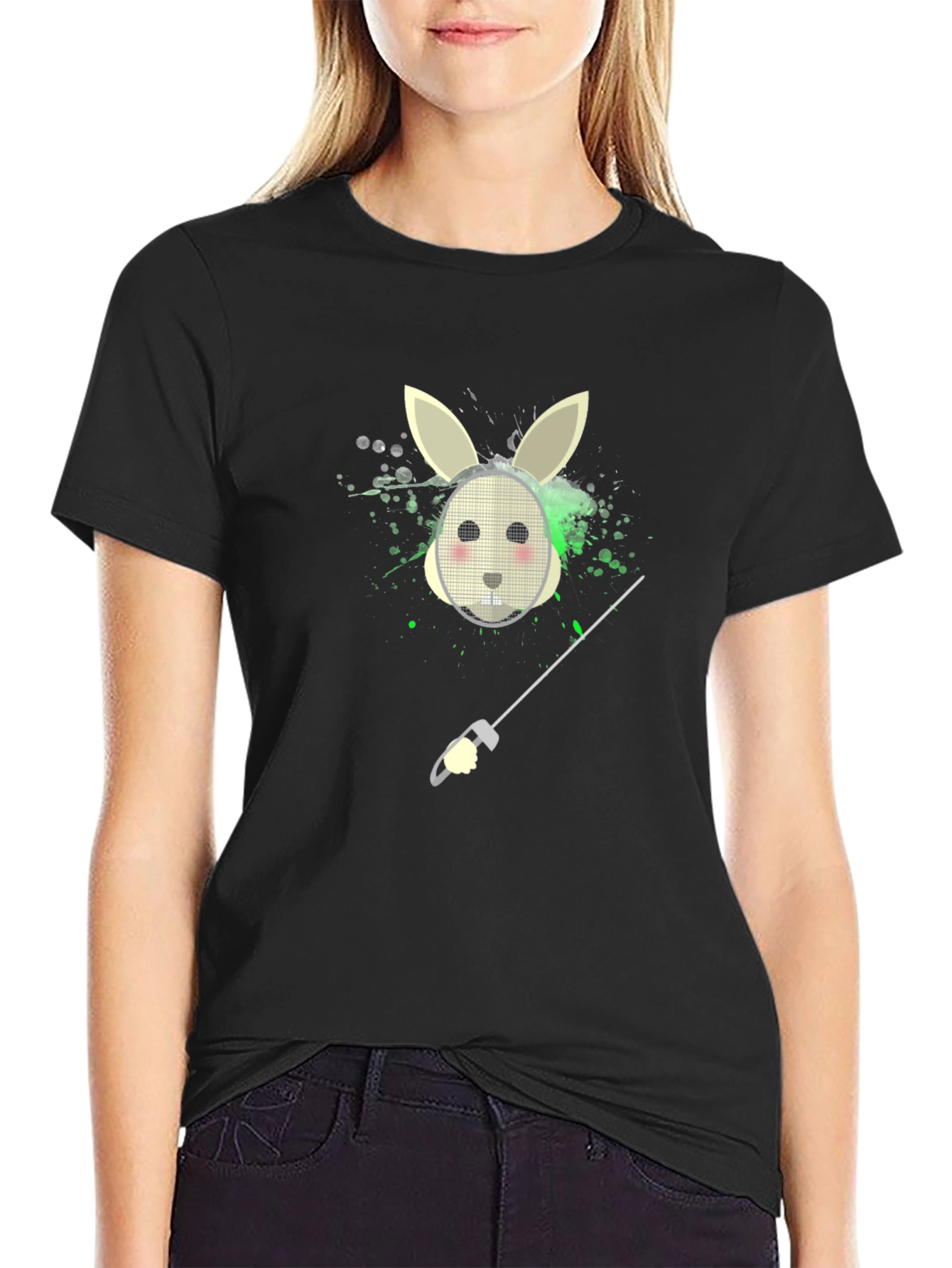 Bunny Fencer Graphic Tee - Black Cotton T-Shirt