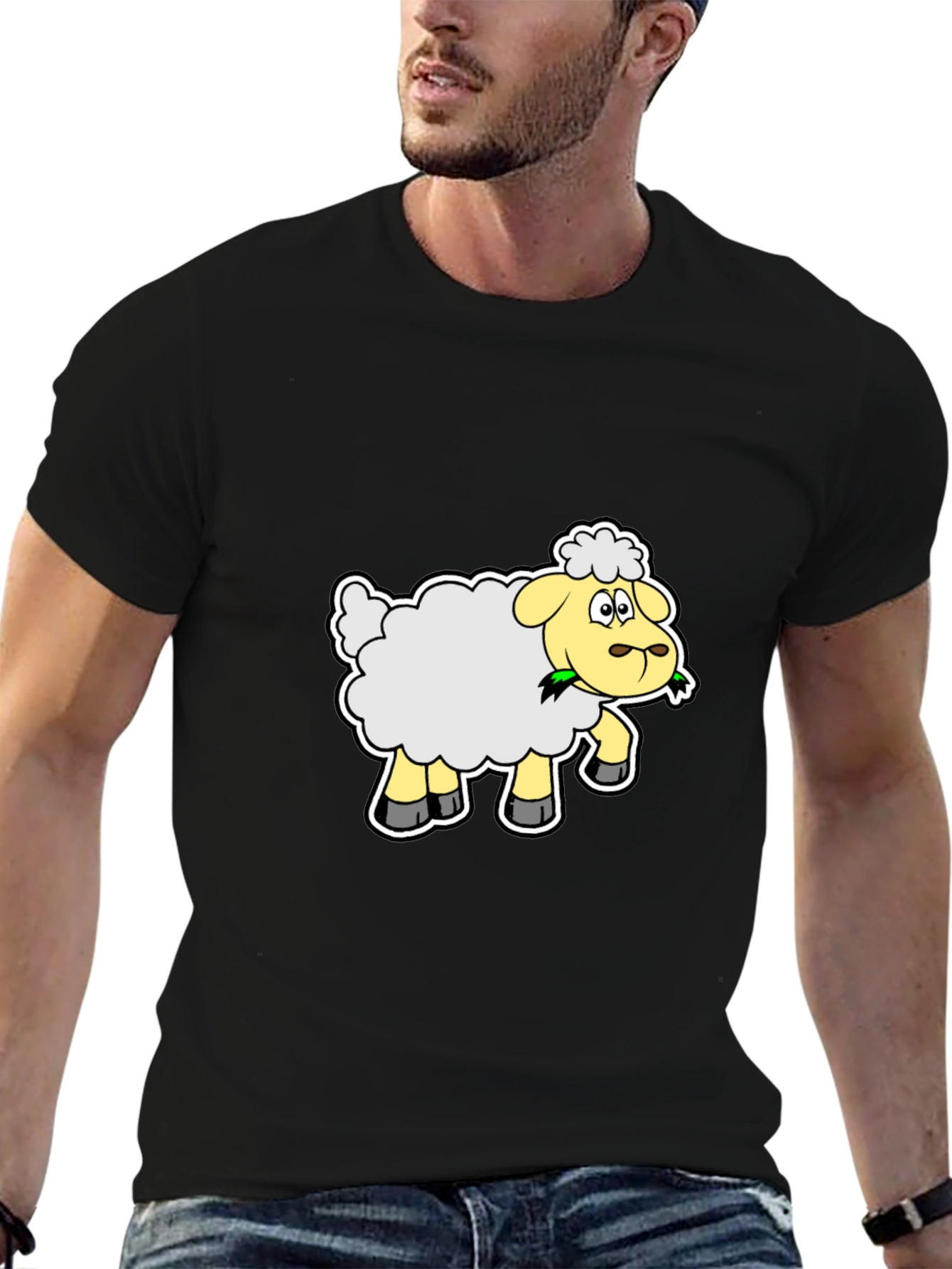Cute Cartoon Sheep Graphic Tee - Black Cotton Shirt