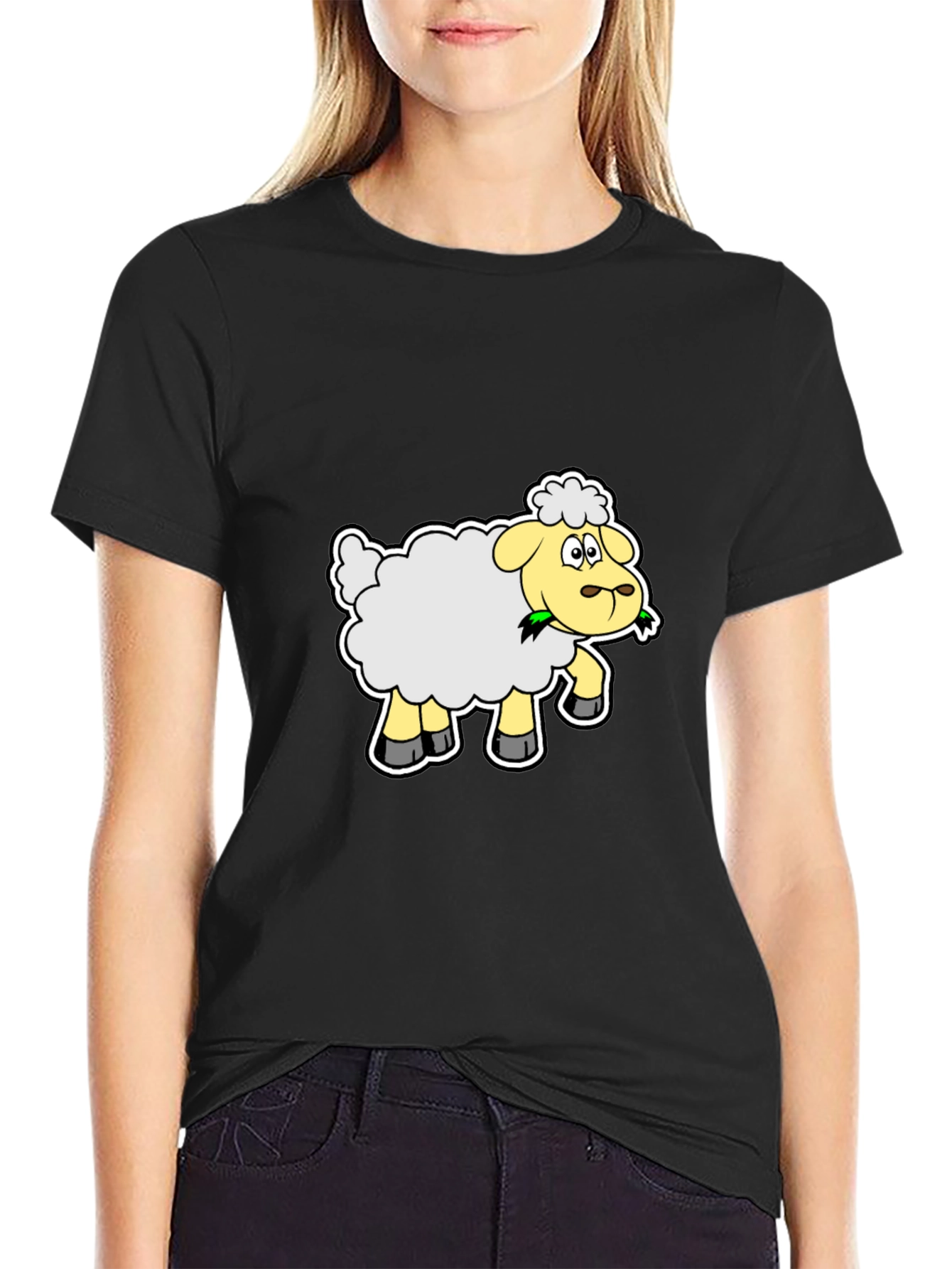 Cute Cartoon Sheep Graphic Tee - Black Cotton Shirt