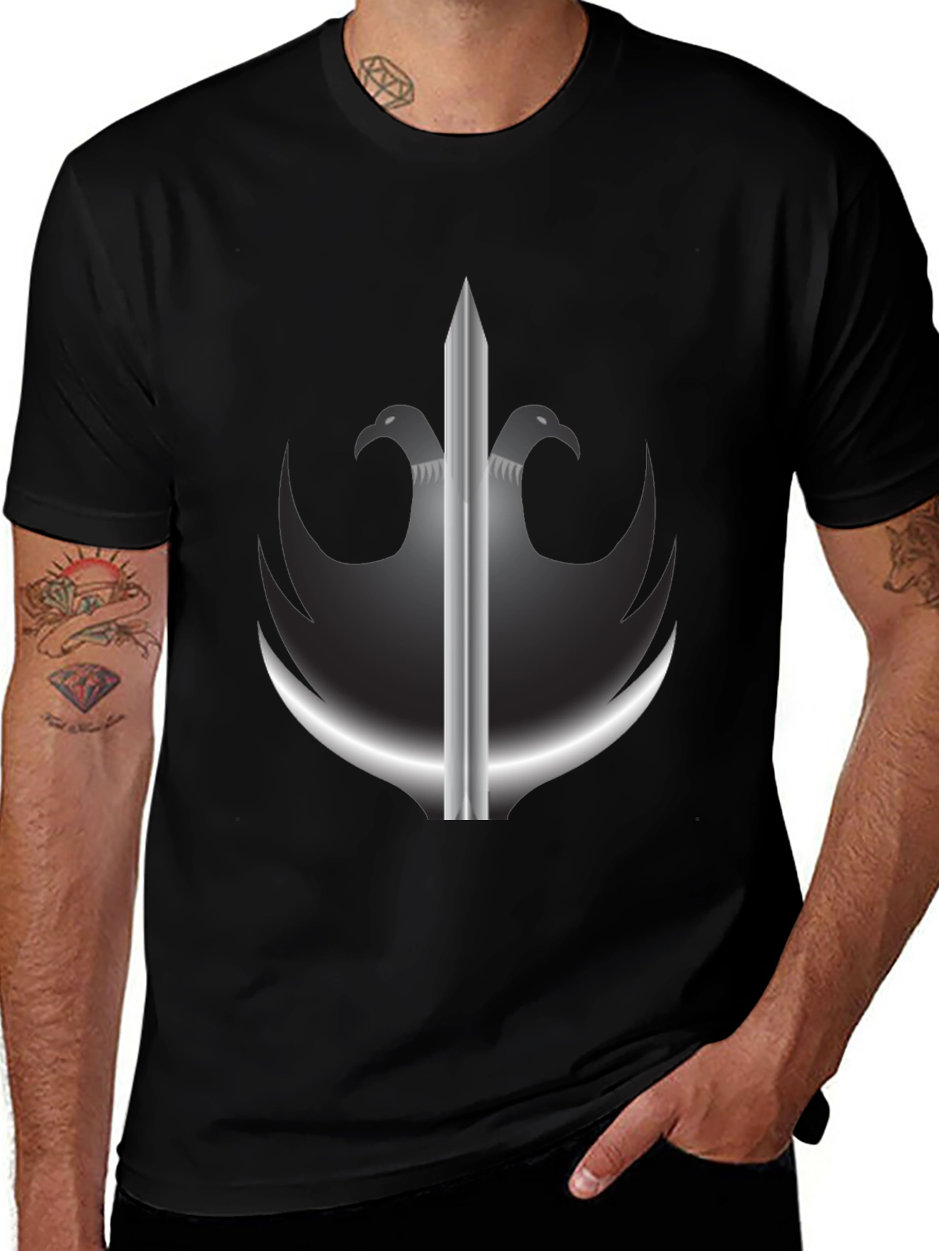 Black T-Shirt with Sword & Eagle Crest Graphic