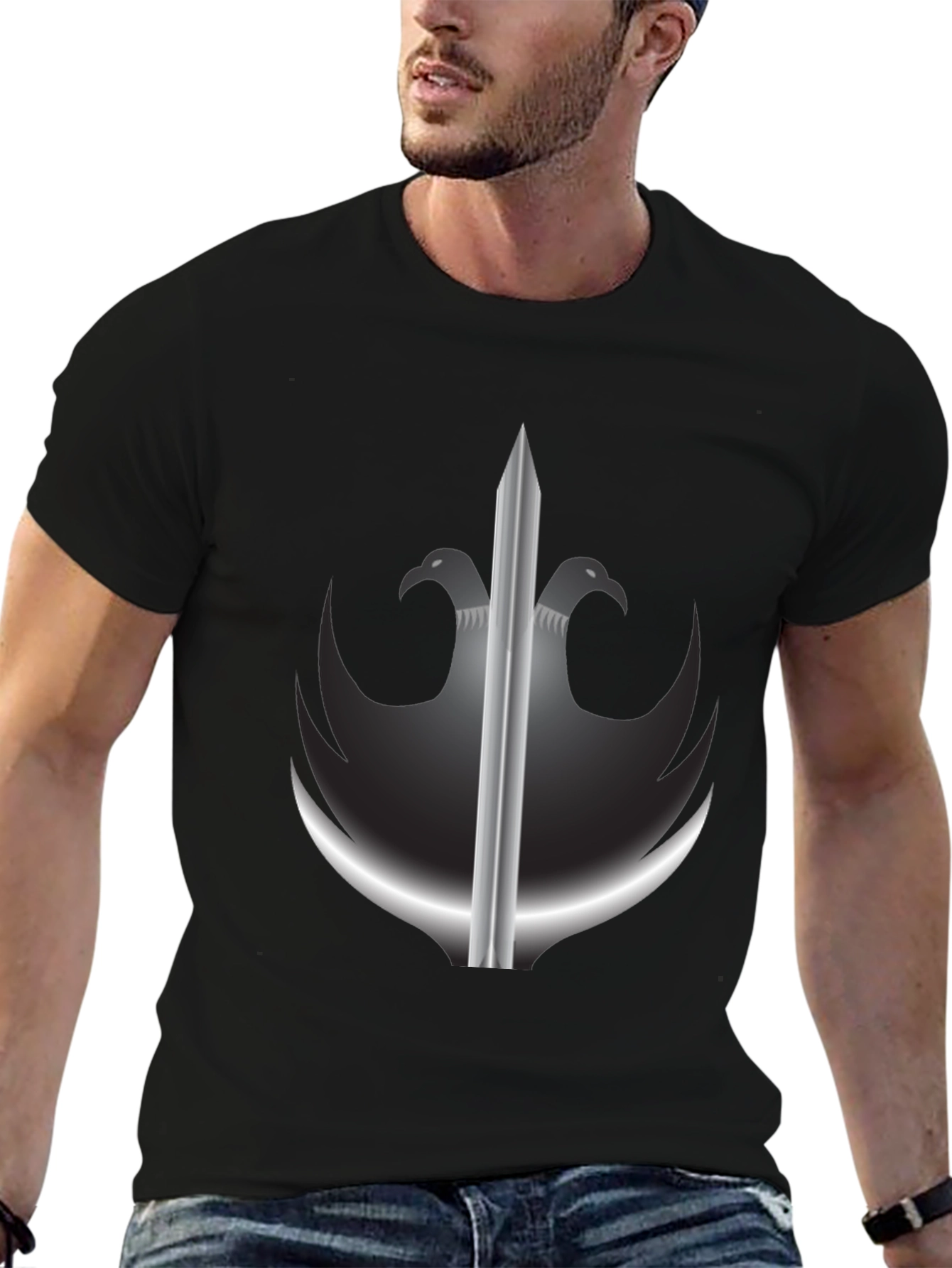 Black T-Shirt with Sword & Eagle Crest Graphic