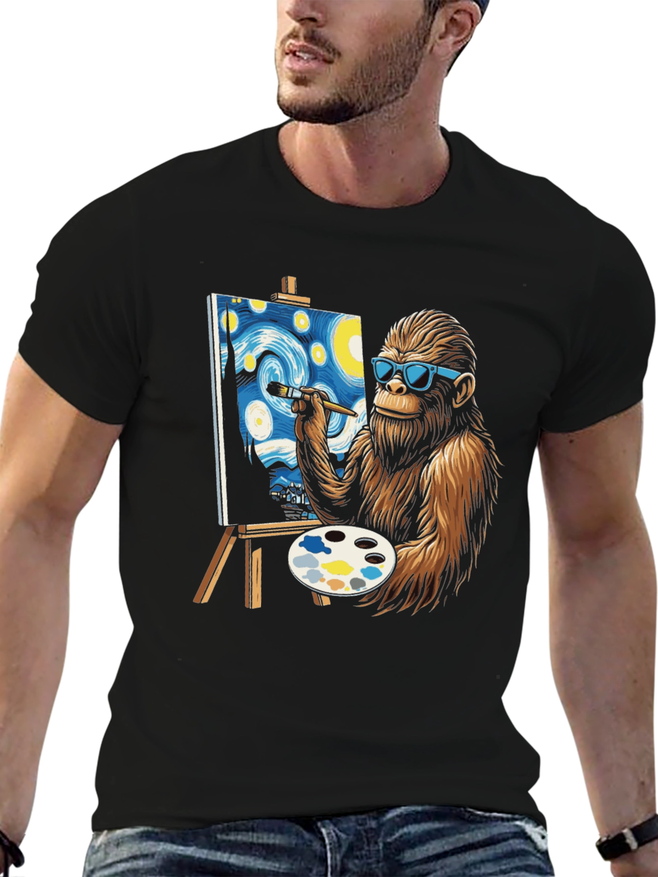 Bigfoot Painting Starry Night T-Shirt