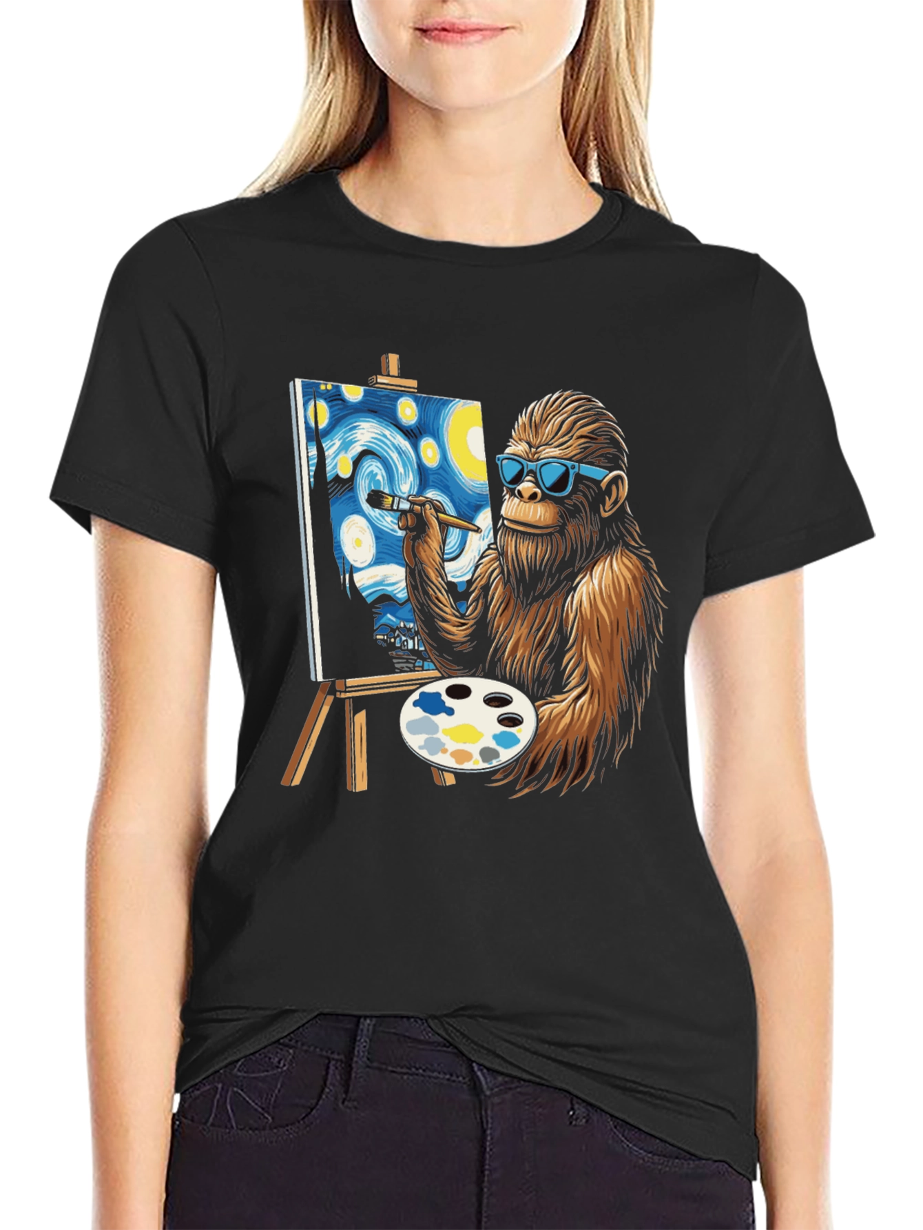 Bigfoot Painting Starry Night T-Shirt