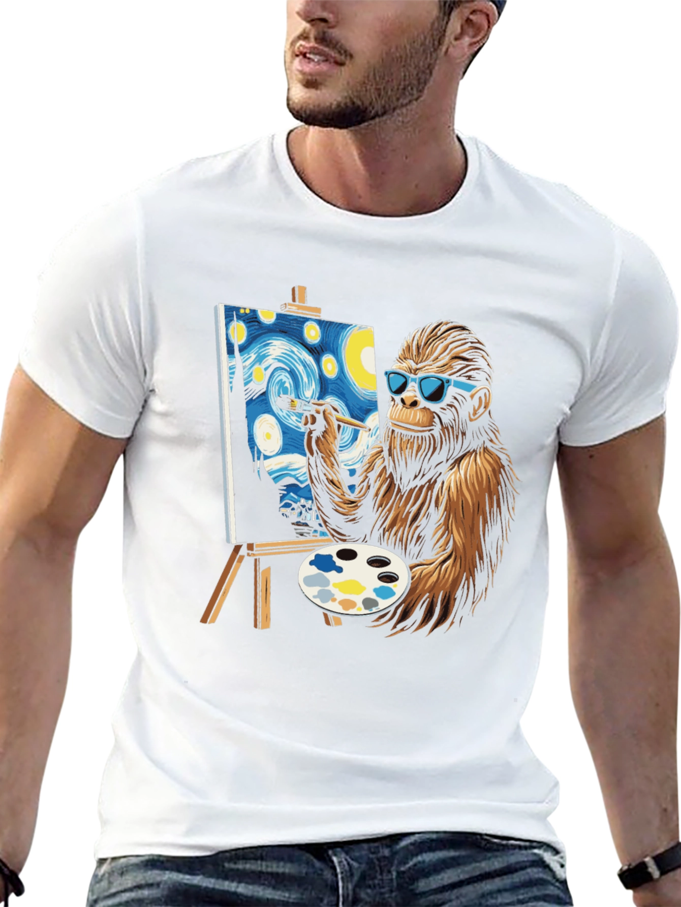 Bigfoot Painting Starry Night T-Shirt